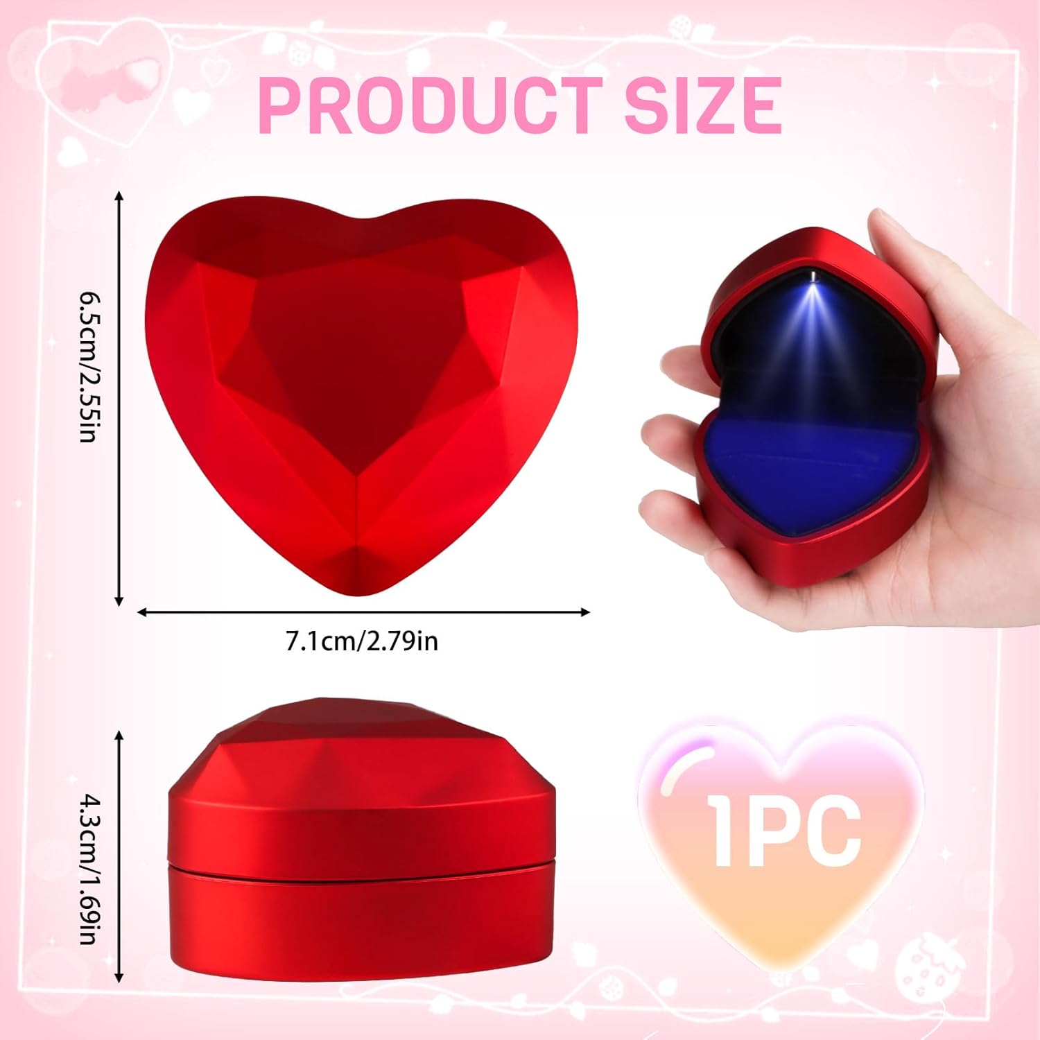 Scatola Porta Anelli A Forma Di Cuore Con Luce LED – Velluto Rosso – Dimensioni 7,2 X 6,6 X 4,5 Cm – Per Proposta, Matrimonio, Fidanzamento