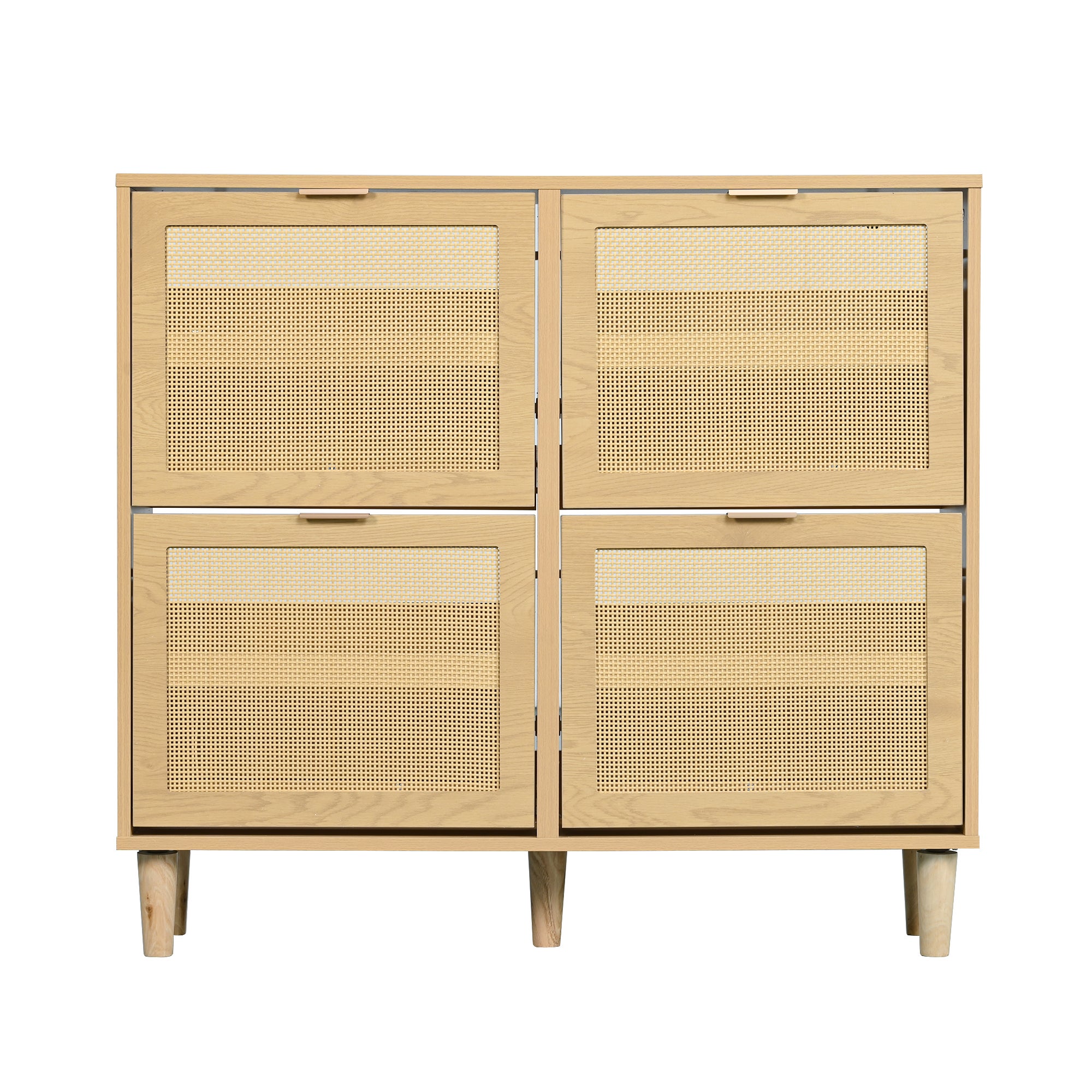 Meuble à chaussures avec 4 portes abatantes en rotin - 100 x 25 x 90 cm - Panneau de particules - Chêne clair - 9