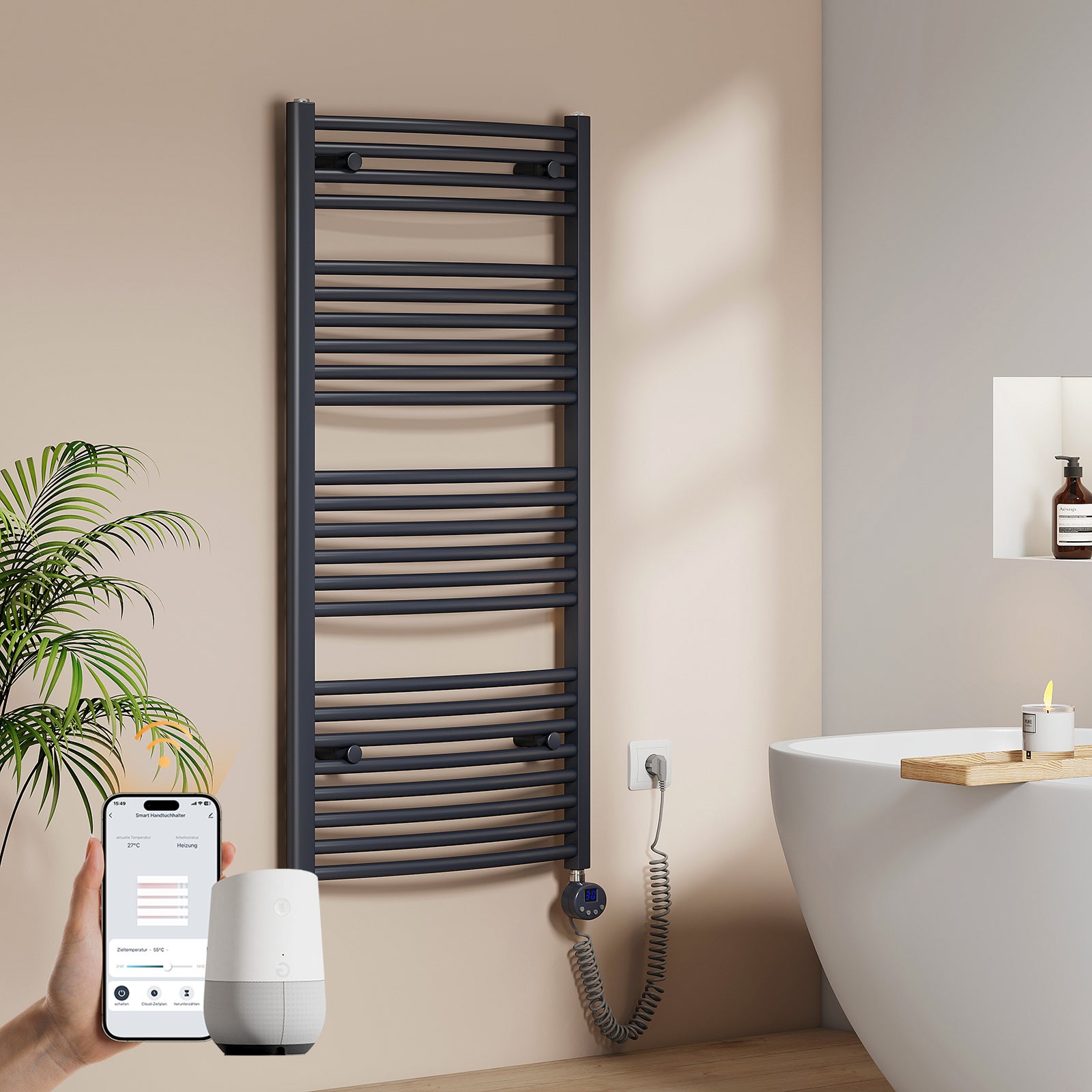 EMKE Grzejnik elektryczny łazienkowy Wygięta 120x60cm - Inteligentne Sterowanie z Programatorem Tygodniowym w Aplikacji - 600W - Matowy Antracyt