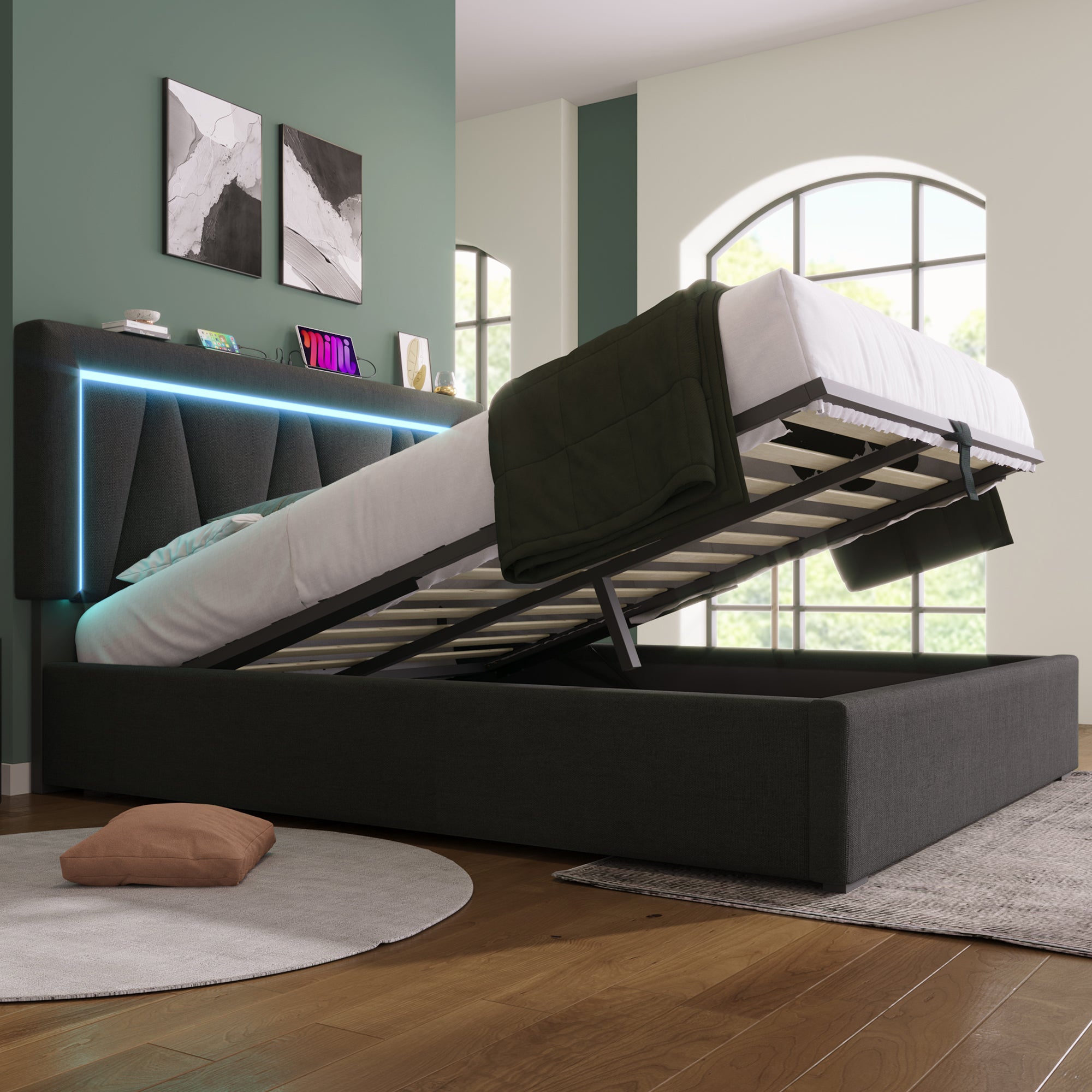 Cama contenedor 140 x 200 cm para adultos - USB + Tipo C + LED - tejido de lino - gris - 7