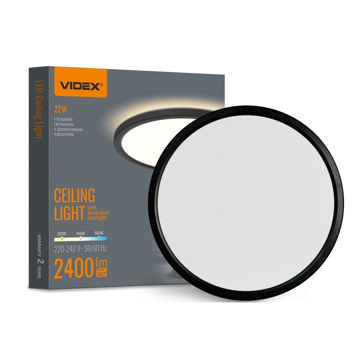 Plafon okrągły LED 22W Odcienie bieli 2400lm czarny wym: 2,6 x 29,3 x 29,3 cm IP54 Videx