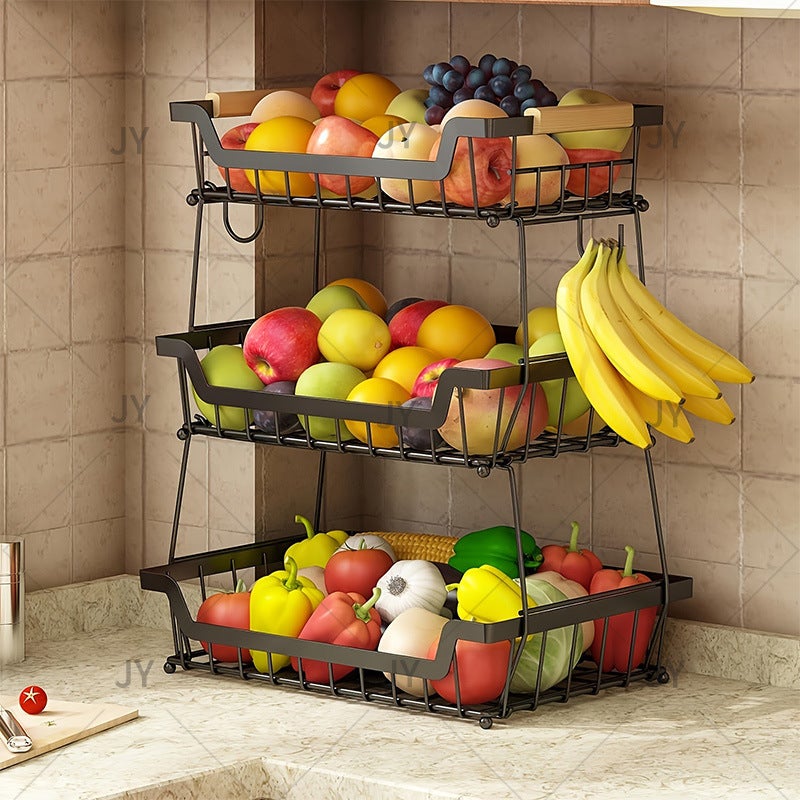 Corbeille à Fruits 3 Niveaux Avec Cintres à Bananes — Panier En Métal, Design Contemporain Pour Cuisine