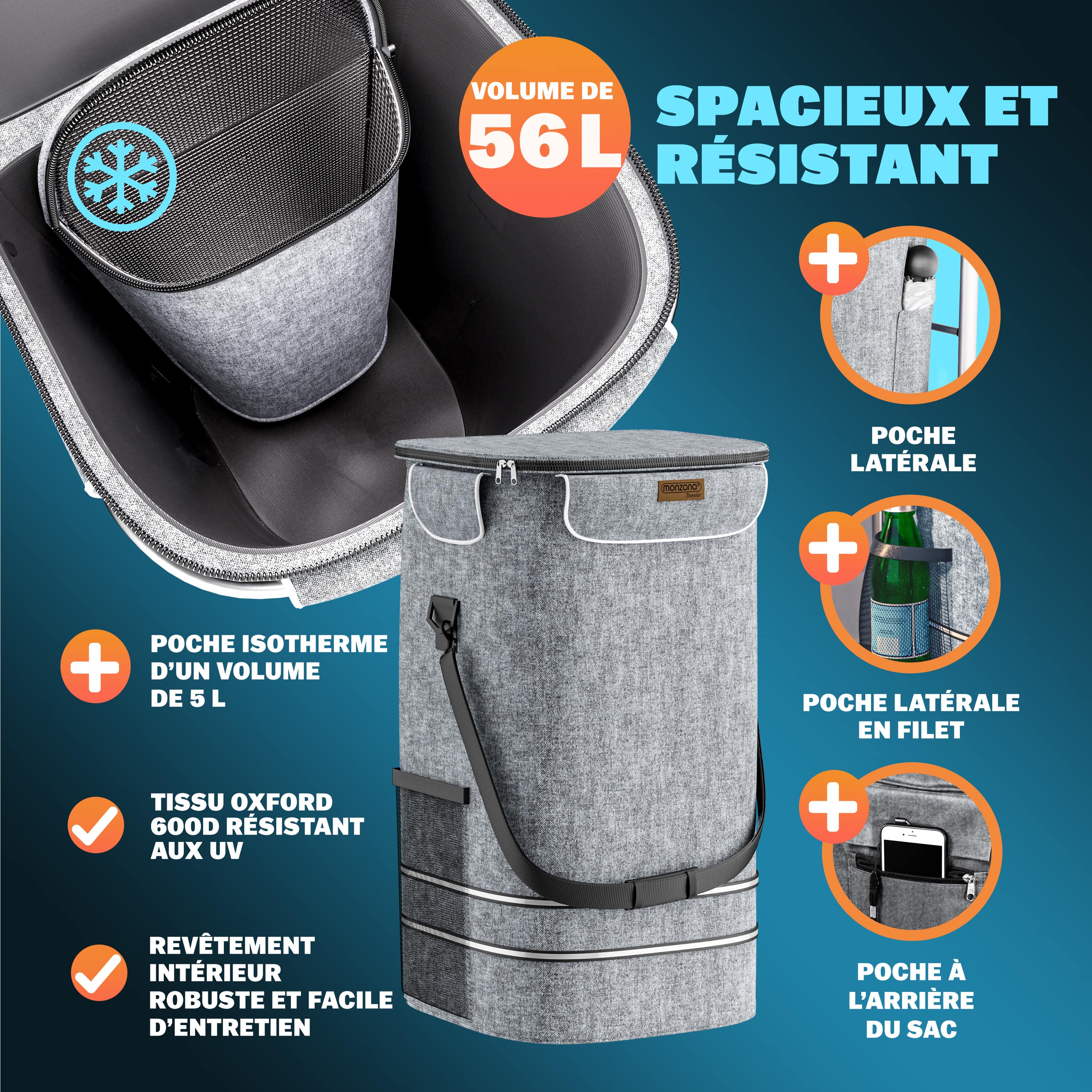 MONZANA® Chariot de courses gris merle 56 litres 3 en 1 pliable compartiment isotherme 6 roues bandes réfléchissantes - 5