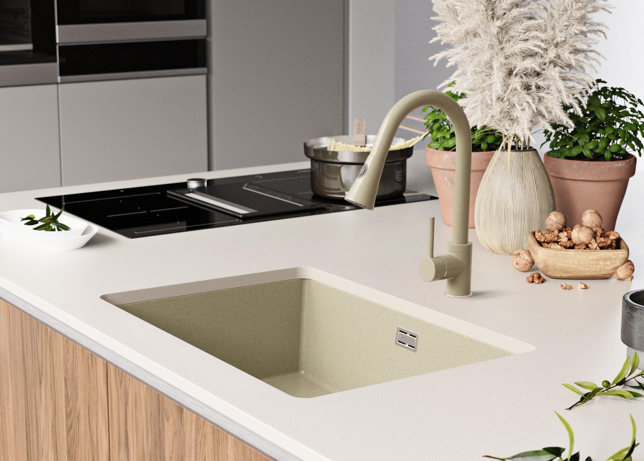 Evier Sous Plan Beige 66x47cm, Evier en Granit 1 bac + Kit de Vidage, Évier au meuble 70cm - London PRIMAGRAN - 8