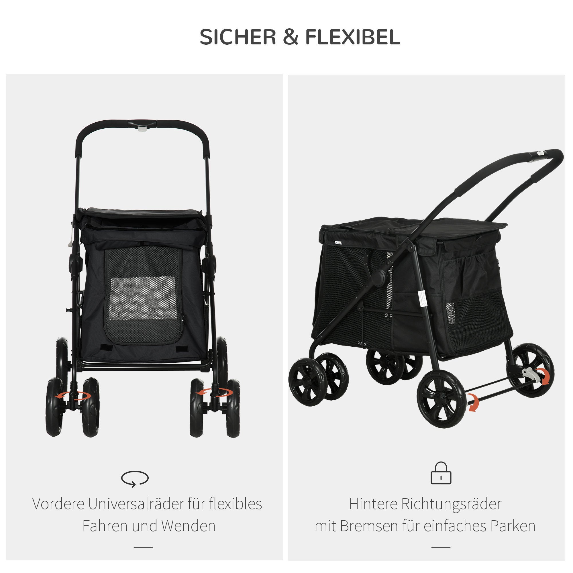 PawHut cochecito plegable para perros hasta 20 kg, tejido Oxford negro, con bolsillos laterales, ventanas de malla y frenos - 4