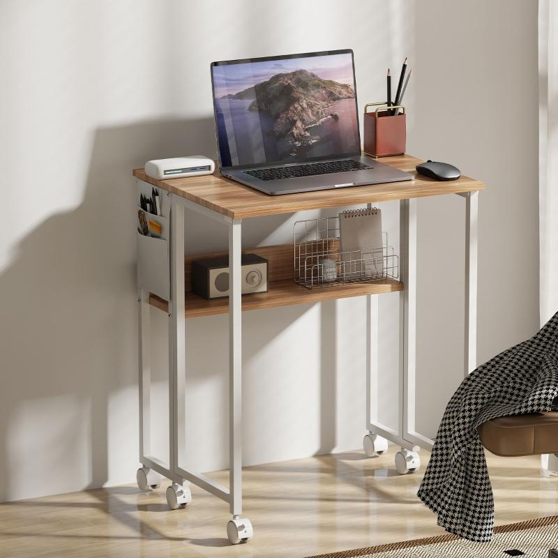 Bureau pliant compact avec roulettes, table d’ordinateur pratique avec étagère et rangement, meuble gain de place pour home office - 7