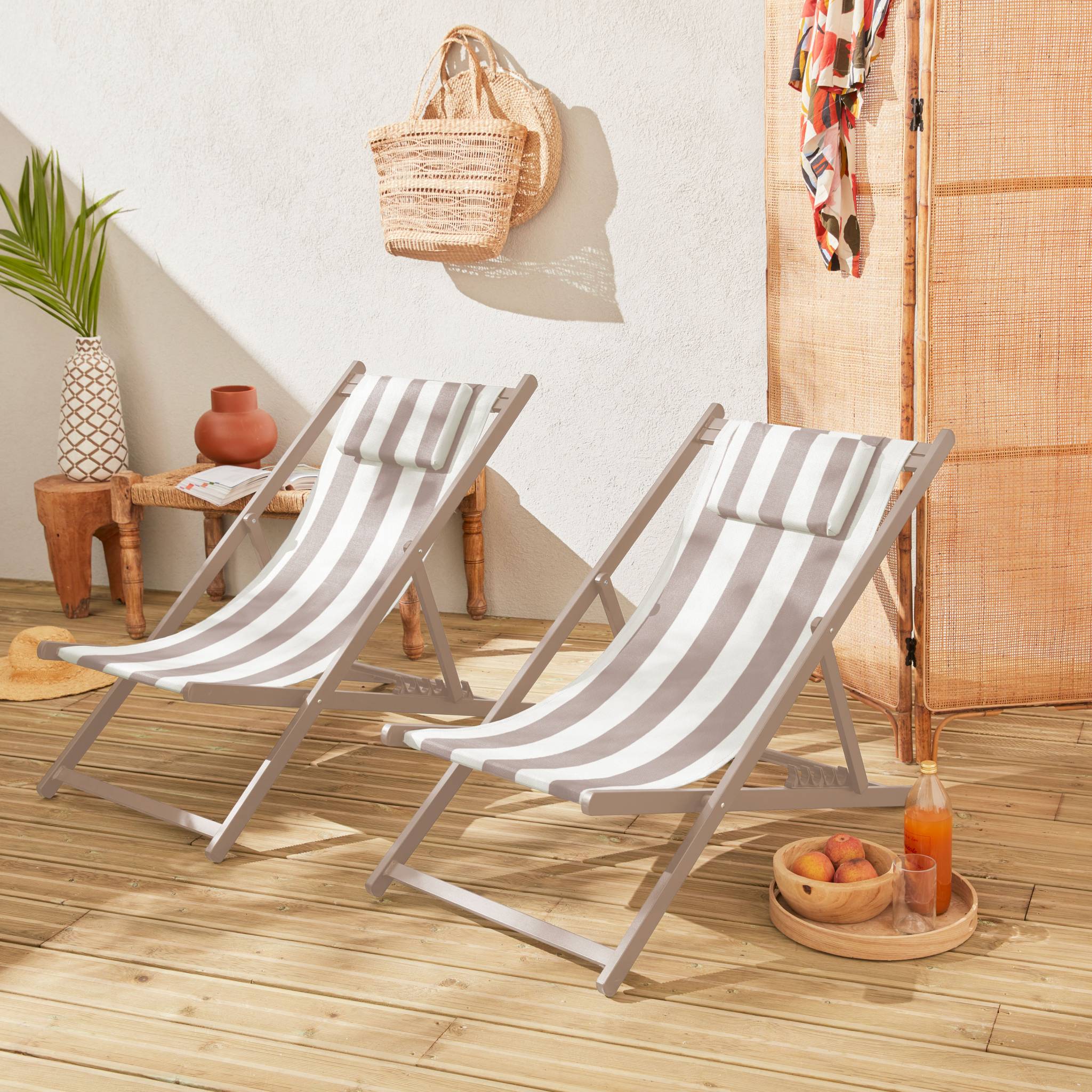Lot de 2 bains de soleil - Gaia rayures marron - Transat en aluminium gris anthracite et textilene rayures marron avec coussin repose tête. chilienne - 2