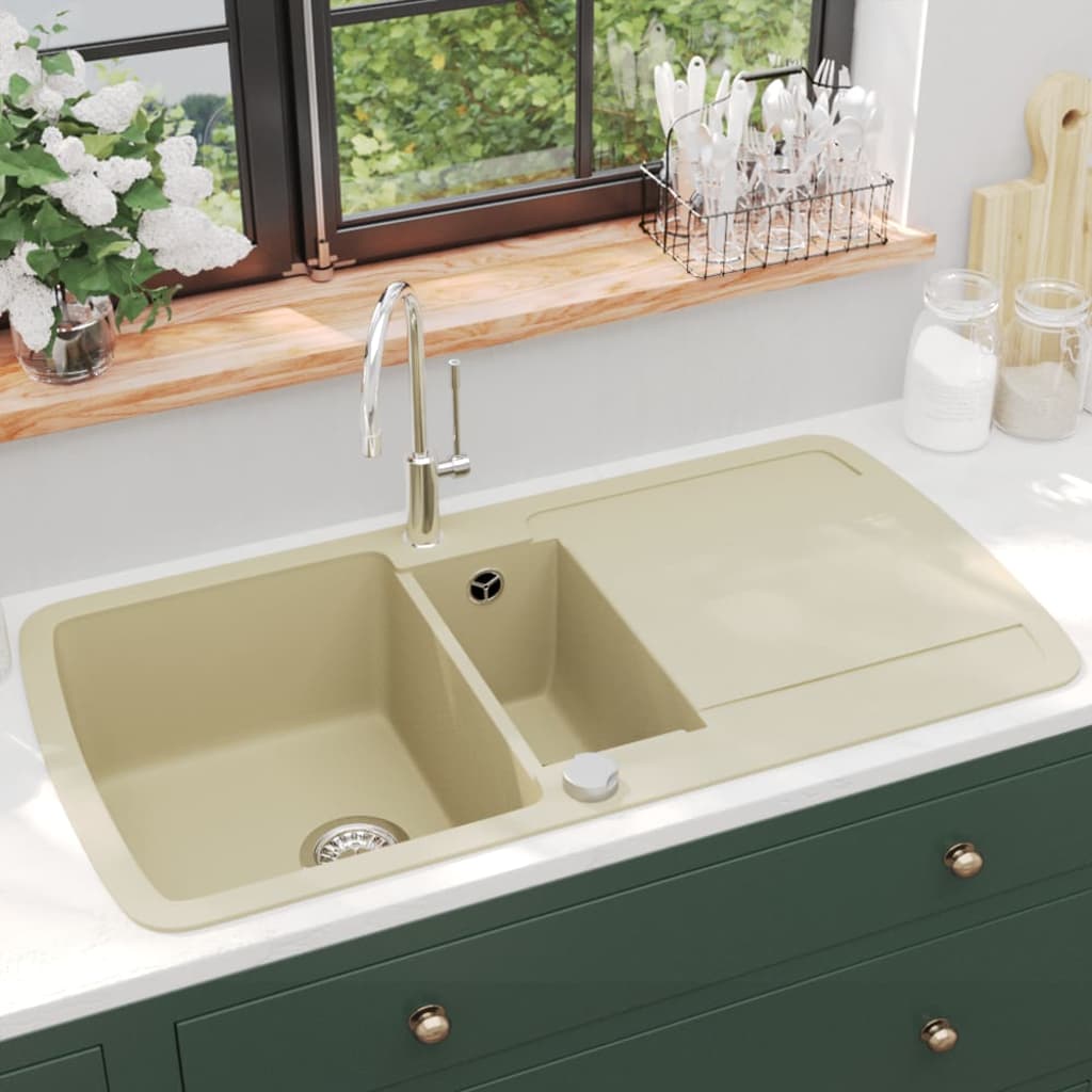 Evier Basque Évier de cuisine Granit Double lavabo Beige vidaXL | Leroy Merlin