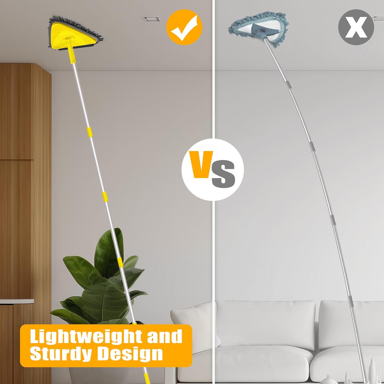 Balai Plafond Triangulaire avec 208 cm Longue Poignée, Dernier cri 180°Serpillère Pliable avec 6 Microfibre Chenille Pads pour Mur, Plafond (Jaune) - 5