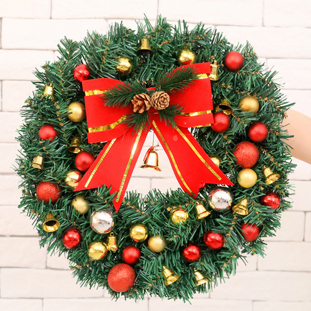 Corona navideña de 30 cm con luces, adornos navideños, guirnalda navideña artificial con lazo y bolas de campana