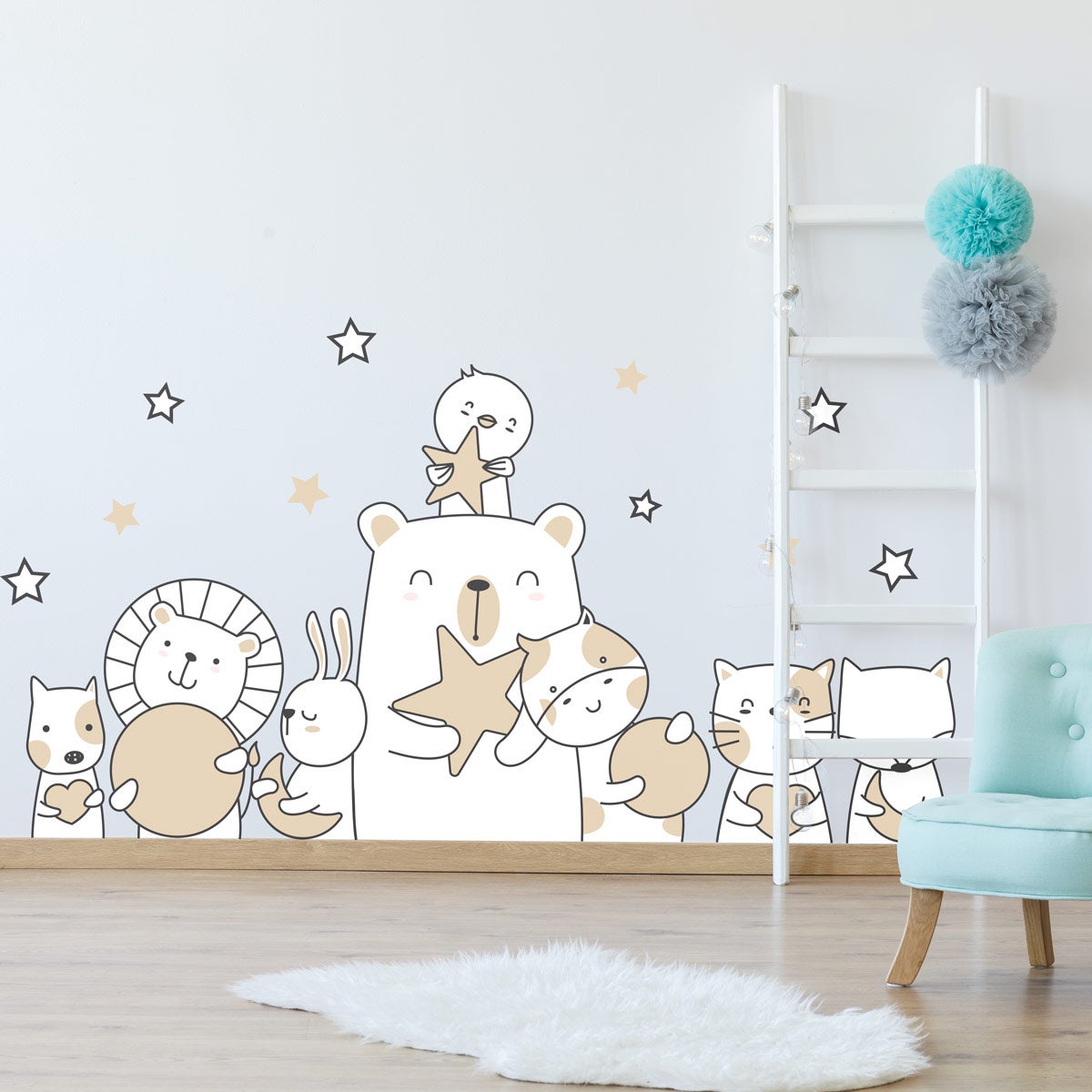 Stickers Muraux Ours Avec étoiles Et Lune - Déco Chambre Enfant Garçon Ou Fille - Autocollants Amovibles 45x30cm