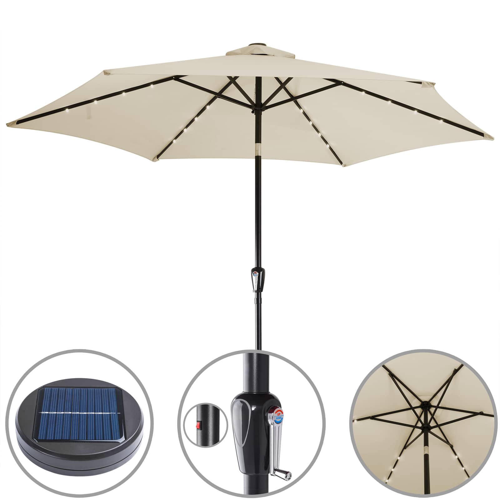 KINGSLEEVE® Parasol de jardin extérieur LED solaire 270cm beige Pare-soleil inclinable avec manivelle Protection UV 80+ - 6