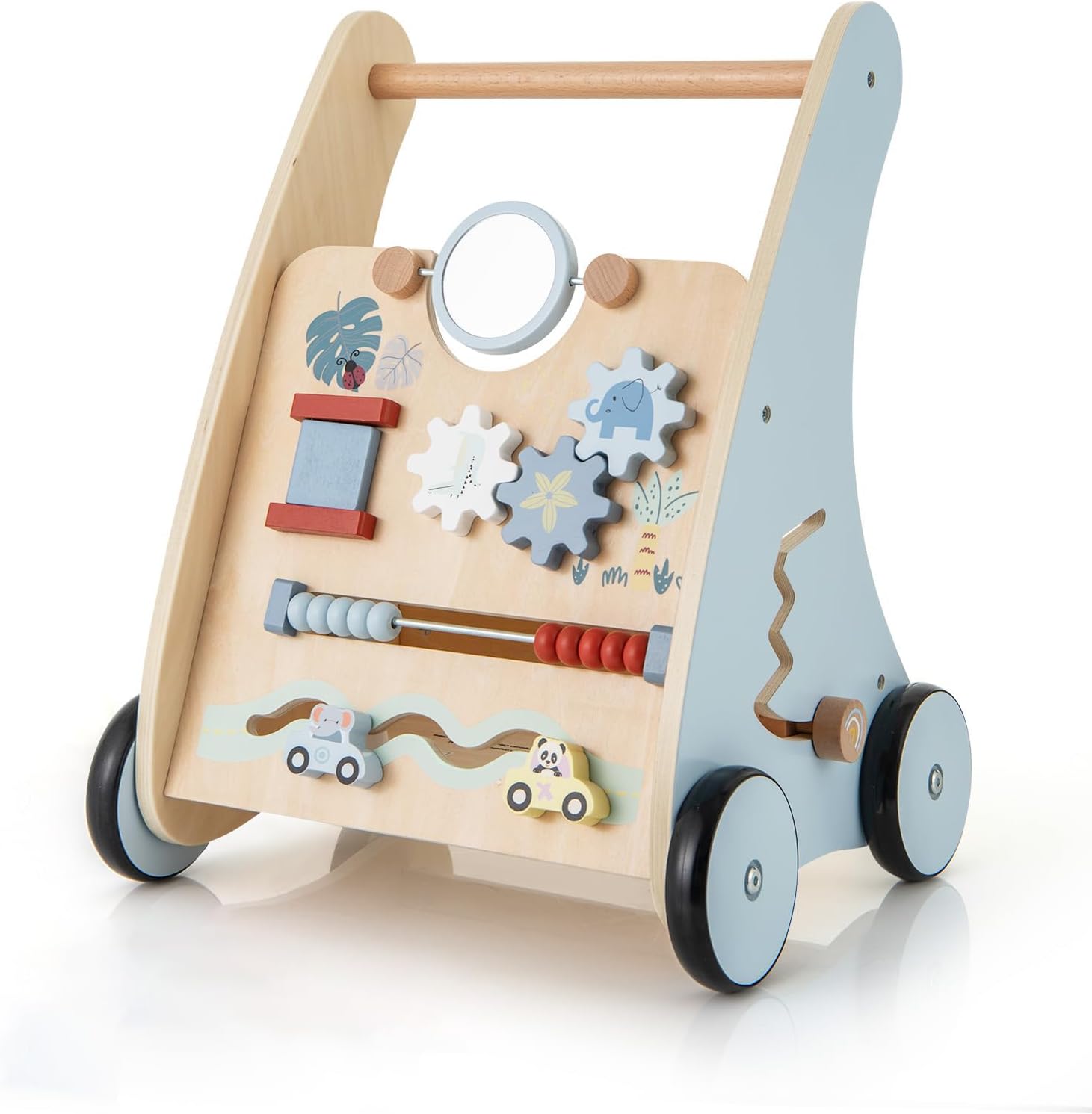 Drewniany Wózek dla Niemowląt, Chodzik Edukacyjny z Interaktywnymi Klockami, Schowkiem, Pchaczkiem Rozwijającym Motorykę, Zabawka Montessori