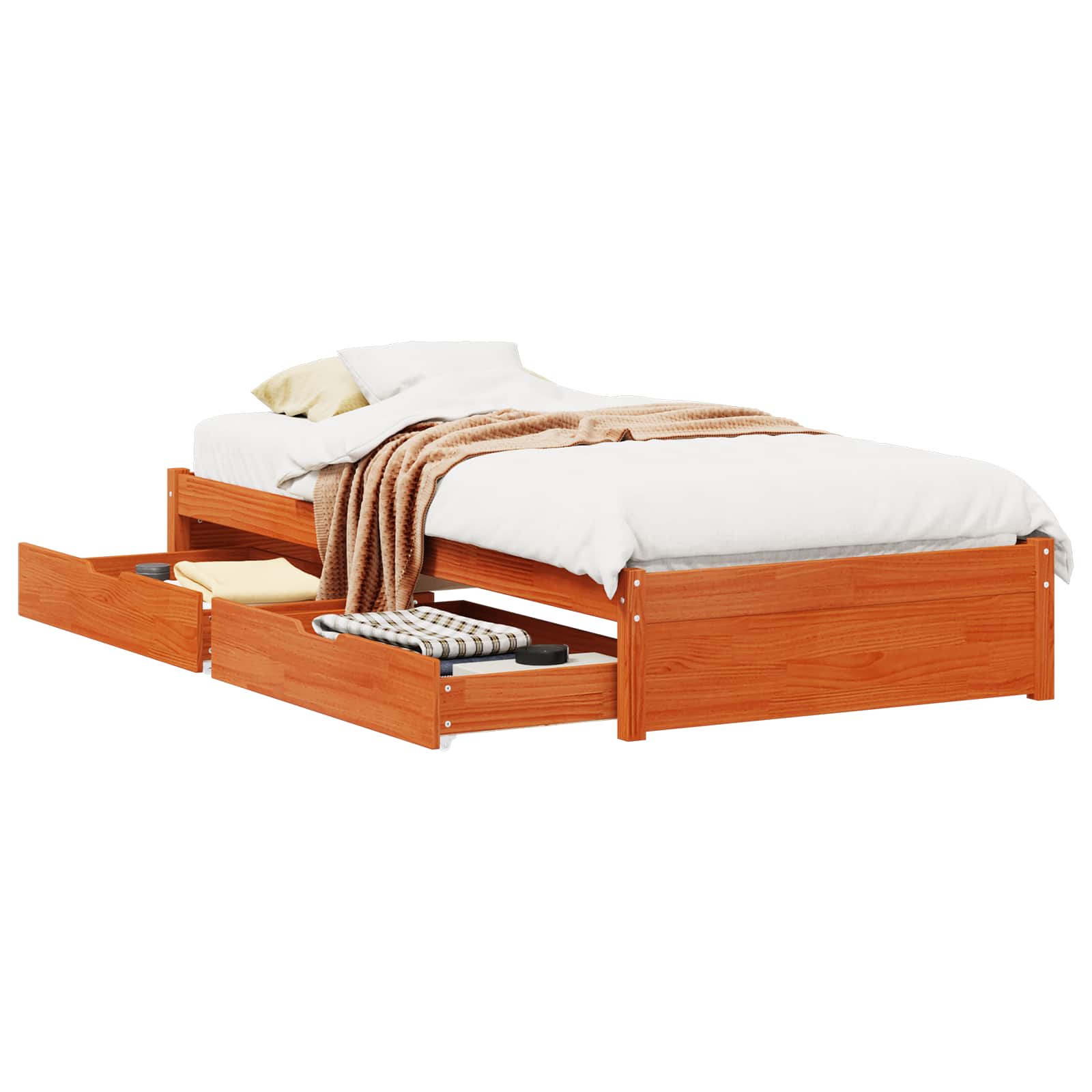 Cadre de lit avec roues, 2 pièces, cire marron, en bois de pin massif, pour la chambre - 2
