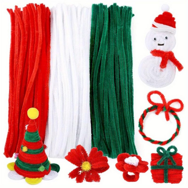 Pipe cleaners chenille, 300 épais en trois couleurs variées (rouge, vert et blanc), fournitures de loisirs créatifs pour décorations de Noël - 2