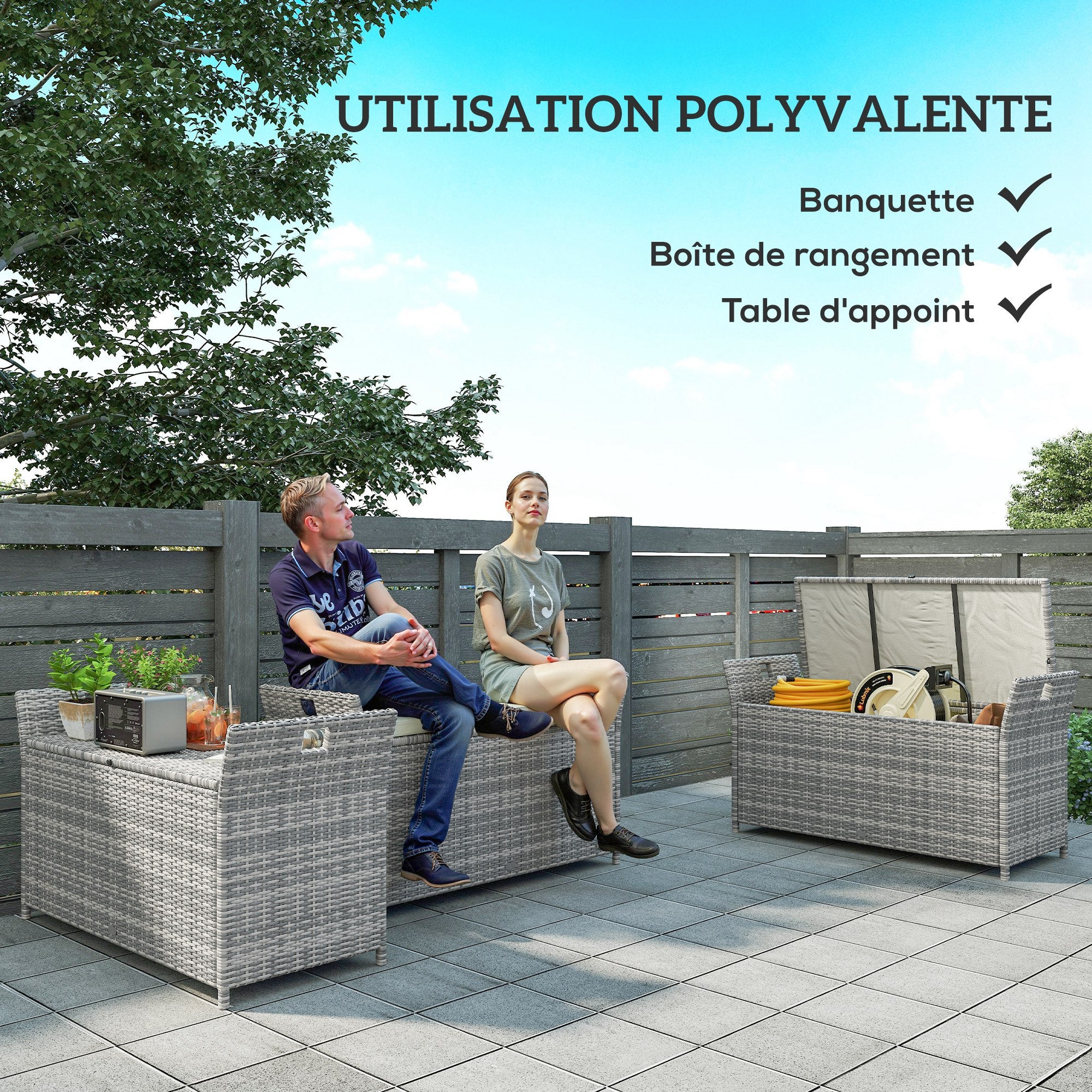 Banc coffre de rangement extérieur en résine tressée 250L avec coussin amovible,pour jardin,balcon,blanc - 6