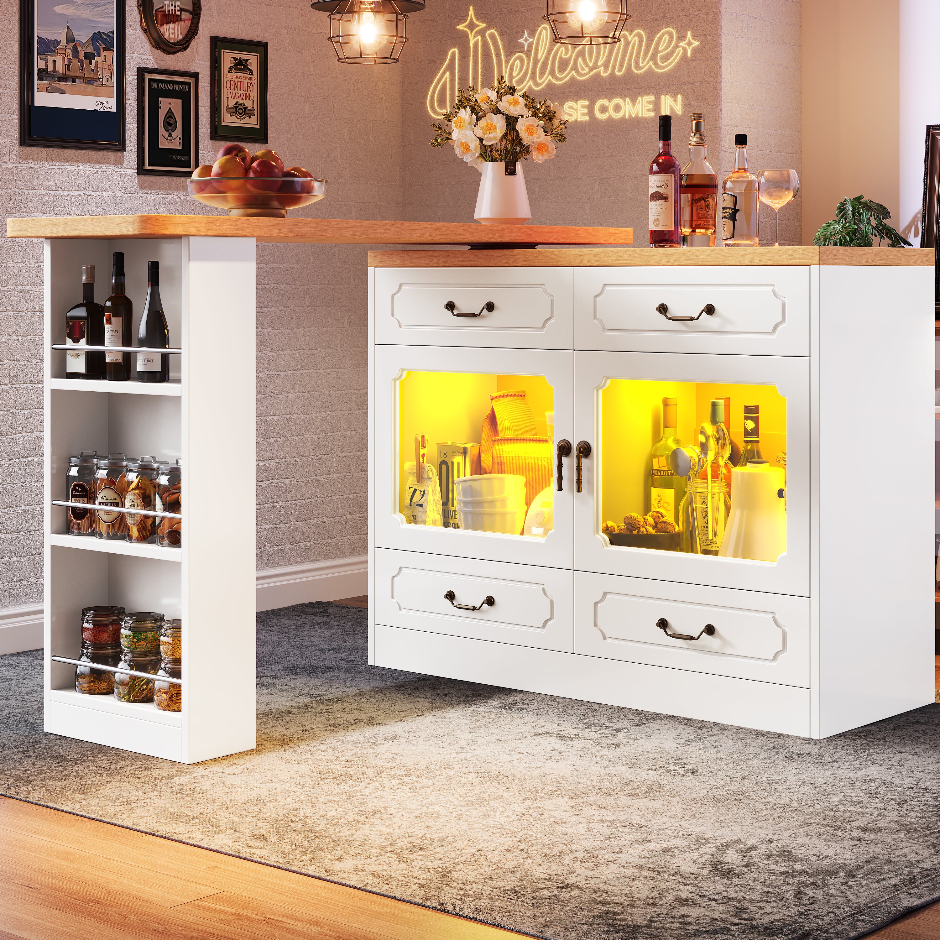 Nowoczesny obrotowy barek kuchenny 360° - z oświetleniem LED - 203 x 39 x 93 cm - 4 szuflady i 2 drzwi - z półkami bocznymi - biały