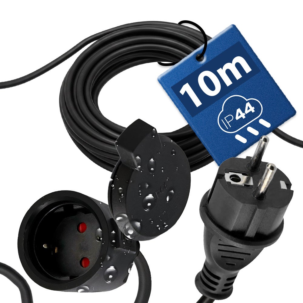 Przedłużacz gumowy 10 m ogrodowy Schuko, czarny, 3×1,5 mm², IP44, HOROZ ELECTRIC