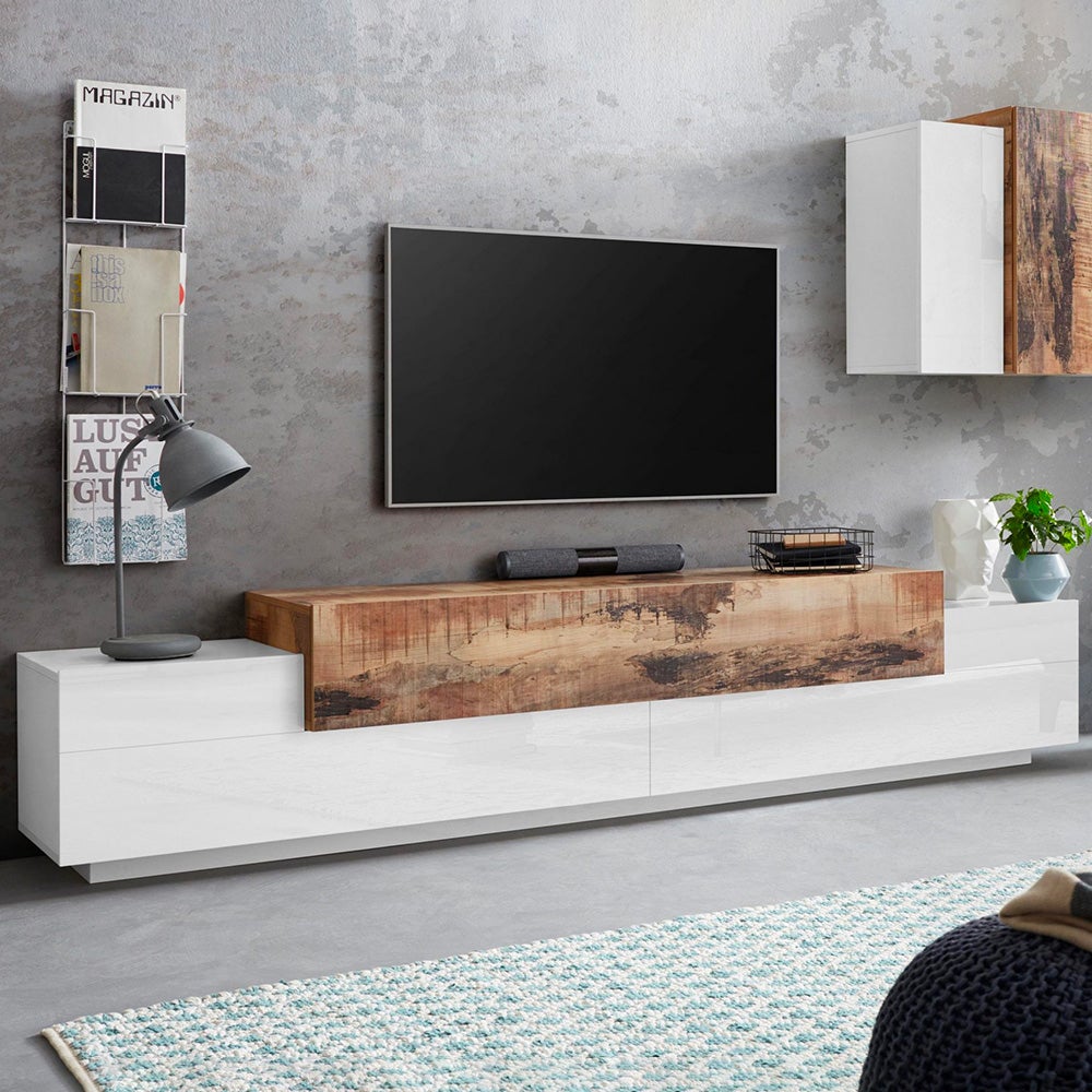 Meuble TV Moderne 240 Cm En Bois Et Blanc - 4 Tiroirs + 2 Étagères - Sans Assemblage - Dimensions 240x40x38 Cm