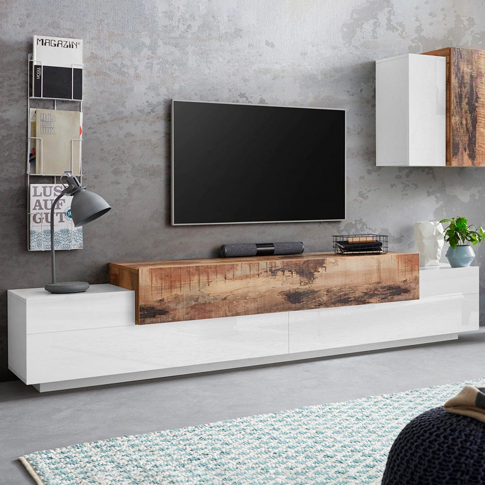 Meuble TV Moderne 240 Cm En Bois Et Blanc - 4 Tiroirs + 2 Étagères - Sans Assemblage - Dimensions 240x40x38 Cm