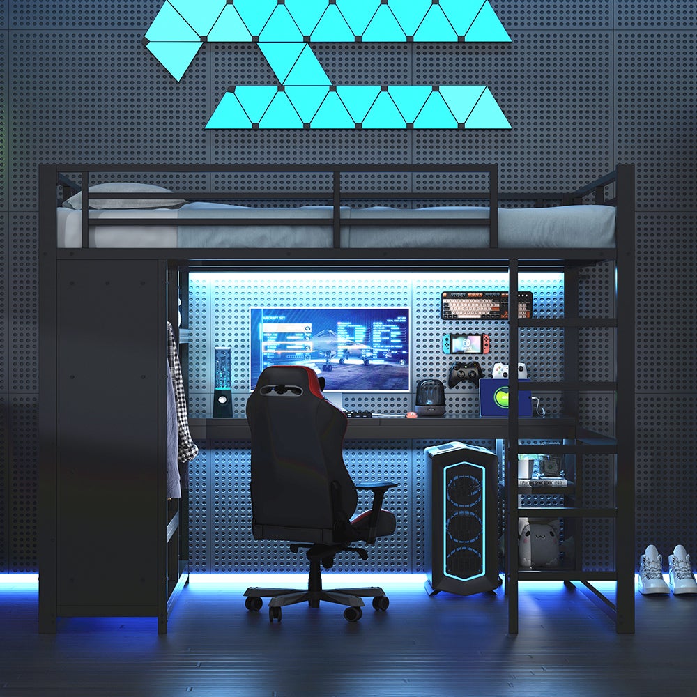 Łóżko piętrowe 140 x 200 cm, z oświetleniem LED, metalowa konstrukcja, wyposażone w biurko, otwartą szafę i półki do przechowywania, kolor czarny.