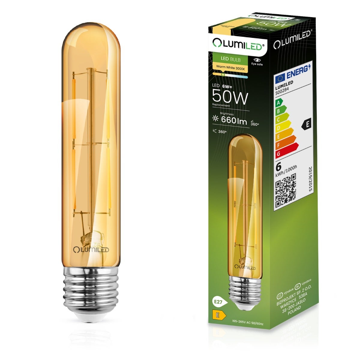 Żarówka LED Lumiled E27 Tubularna T30 6W 660lm 2000K Ciepła biel 360st Bursztynowa Filament 1 szt.