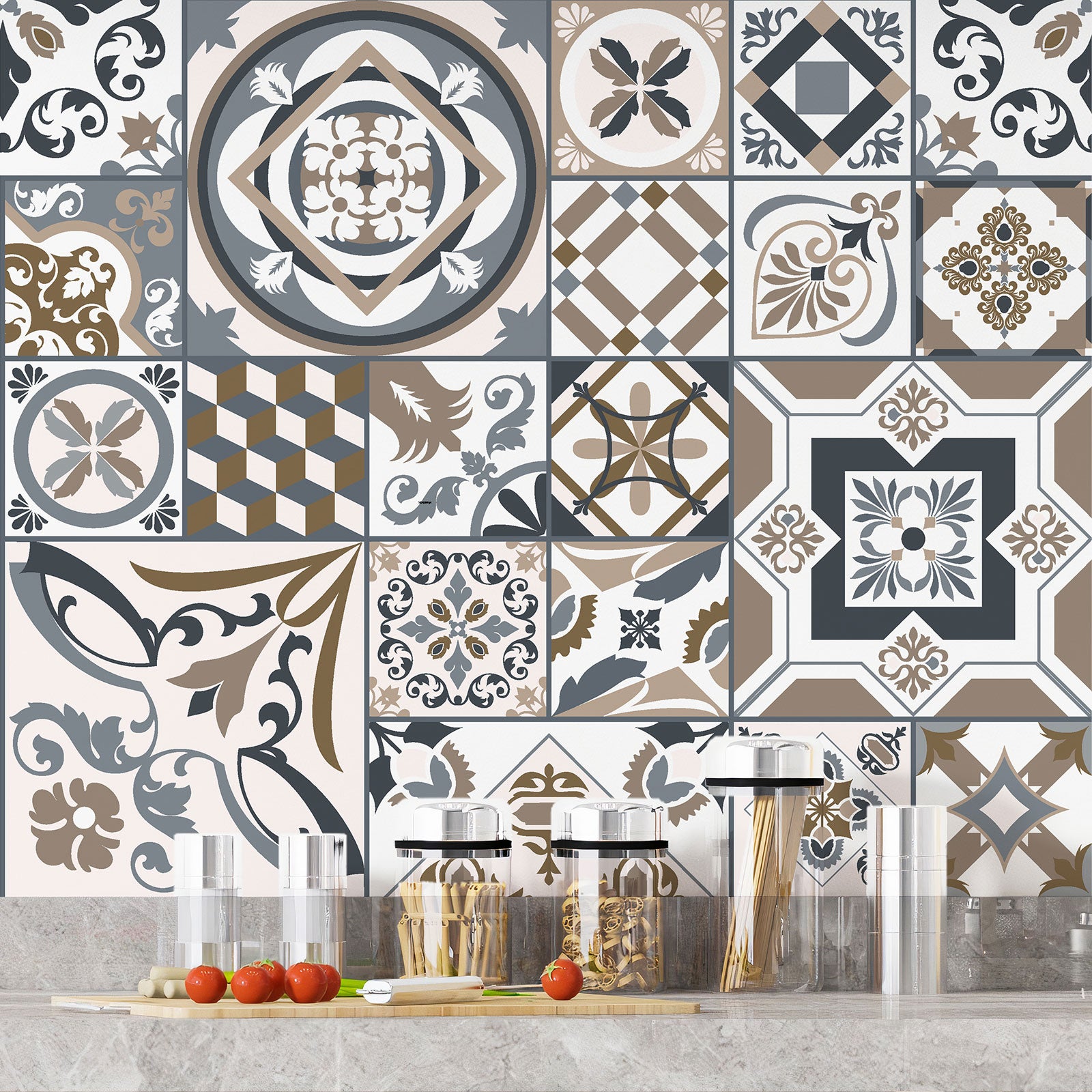 Crédence adhésive sticker décoratif pour cuisine - Effet carreaux de ciment - Adhésif BRILLANT - 50x50 cm - 4