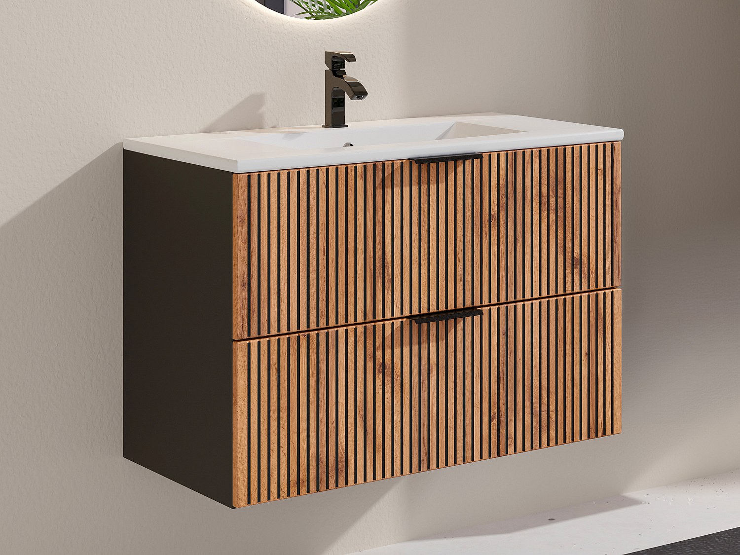 Szafka łazienkowa wisząca z umywalką wpuszczaną w blat - Naturalny jasny i czarny - 80 cm - MADELA