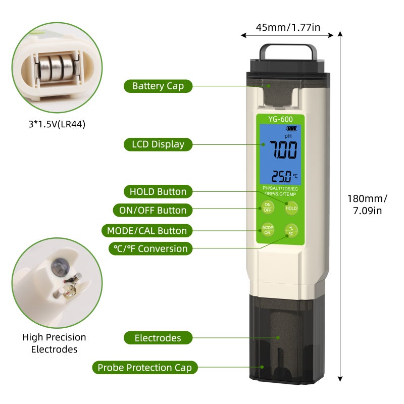 Testeur de sel 7 en 1 pour piscines, mesureur numérique salinité pH ORP, qualité de l'eau (chlorure de sodium) - 7