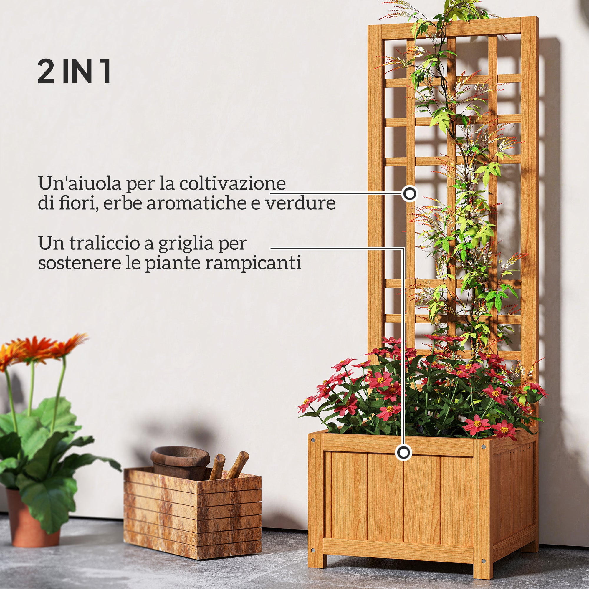 Outsunny Fioriera con Traliccio per Rampicanti con Foro di Drenaggio e Fodera, in Legno, 40x40x120 cm, Marrone - 4