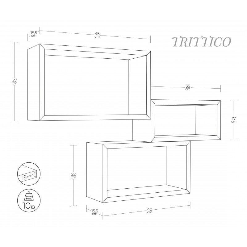 Ensemble de 3 étagères murales, bibliothèque flottante, étagère murale, chêne blanchi, 45x27x15,5 cm, 40x22x15,5 cm et 35x17x15,5 cm - Triptyque - 2