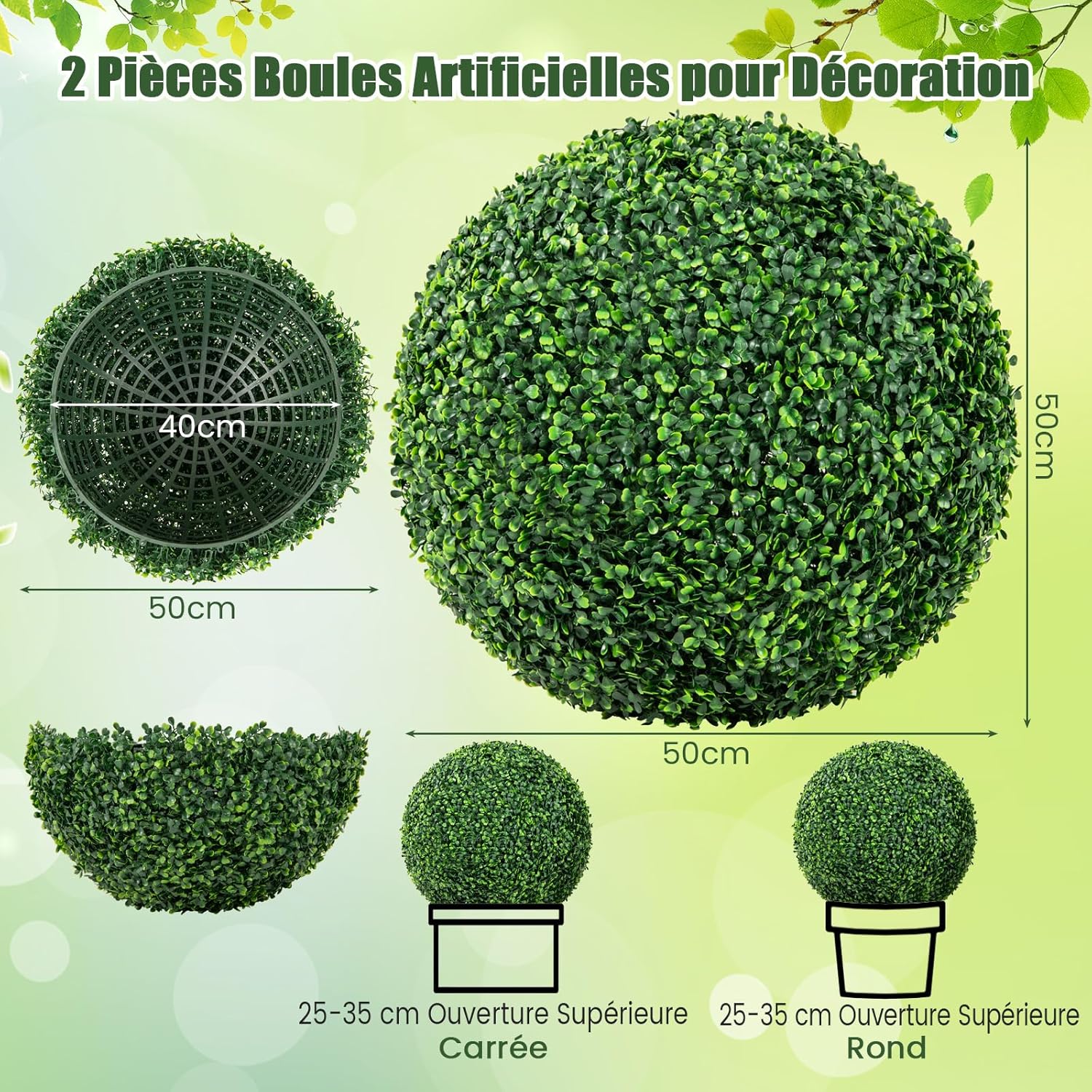 2 Boules de Buis Artificielles 50 cm(Dia. Extérieur) Résistantes aux UV, Plantes en Boules de Faux Sphères Végétales, Vert Foncé - 5