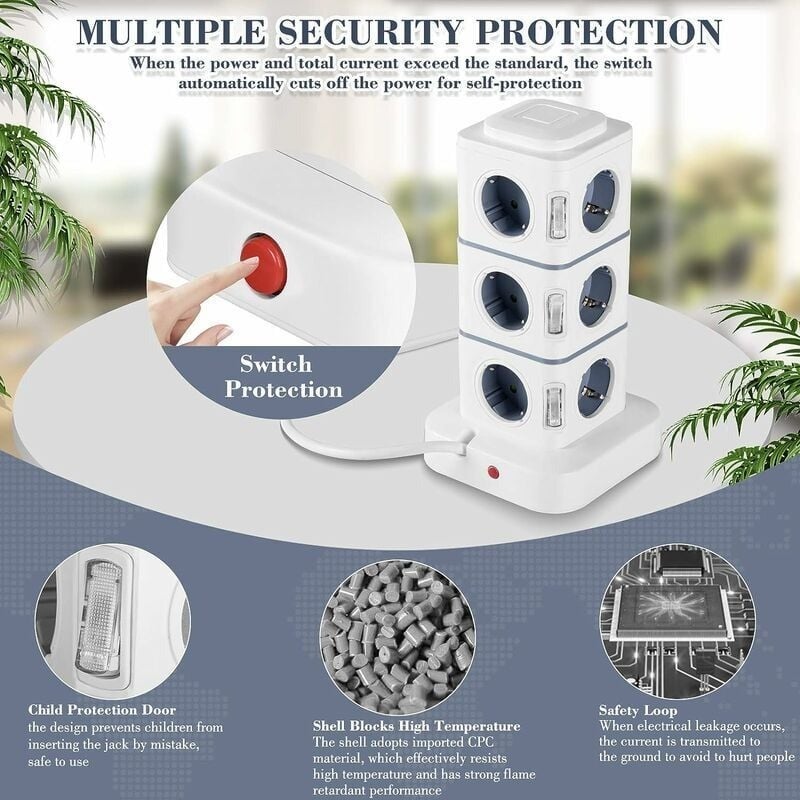 Multiprise 12 prises (2&nbsp;500 W/10 A) avec 4 ports USB, multiprise verticale avec parasurtenseur pour la maison et le bureau, rallonge de 3 m - 3