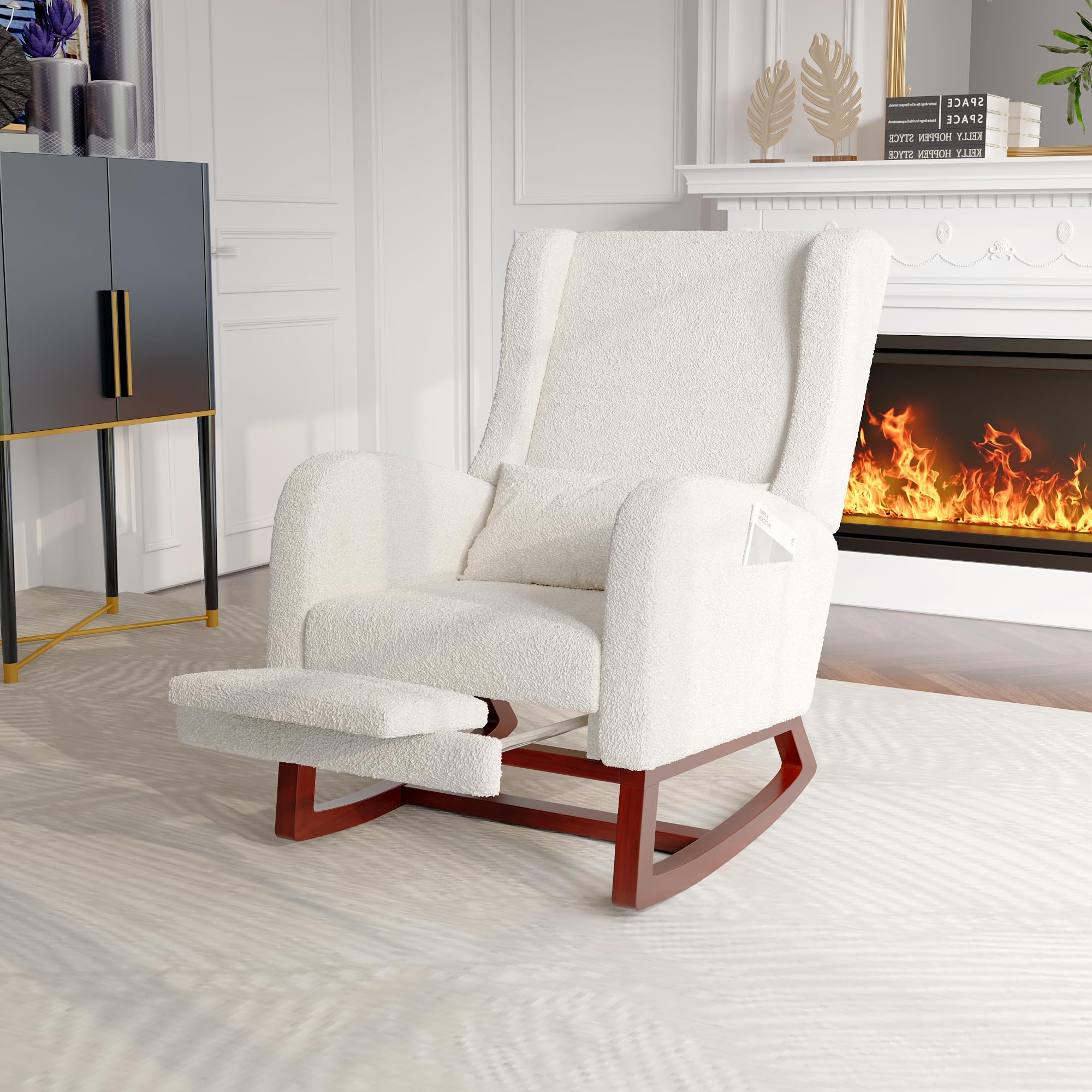 Fauteuil à Bascule Blanc, Rocking Chair, revêtement Bouclette, Fauteuil d'allaitement avec Repose-Pieds Coussin Lombaire Pieds en Bois Massif - 8
