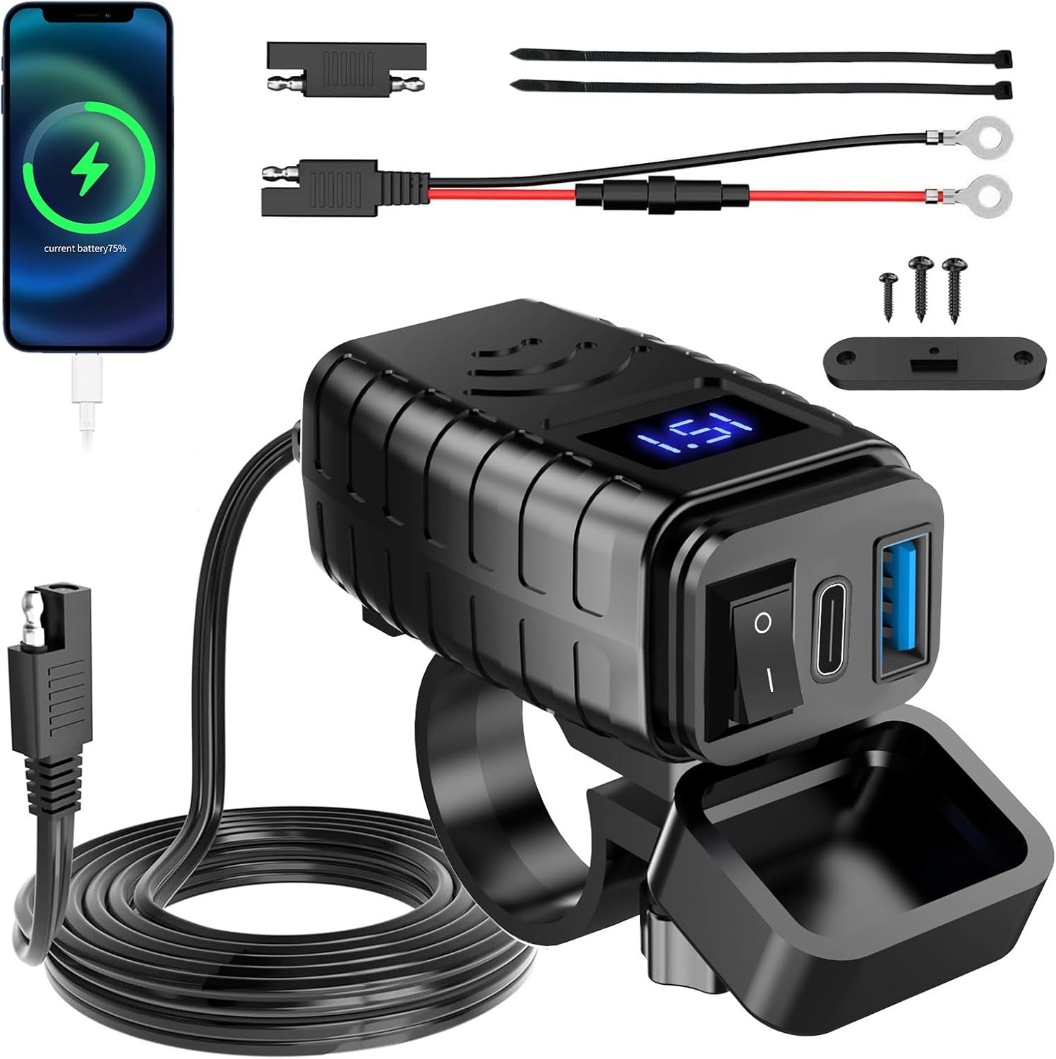 Wodoodporne gniazdo USB Moto 12 V, ładowarka Type-C i USB, gniazdo SAE do USB Quick Charge 3.0 USB-C do kampera motocyklowego 12 V ~ 24 V