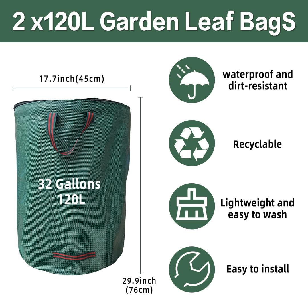 2x120L Sac à Déchets Verts de Jardin, Couvercle, Résistant, Indéchirable, Réutilisable, avec Poignées - Idéal pour Feuilles, Pelouse, Végétaux - 2