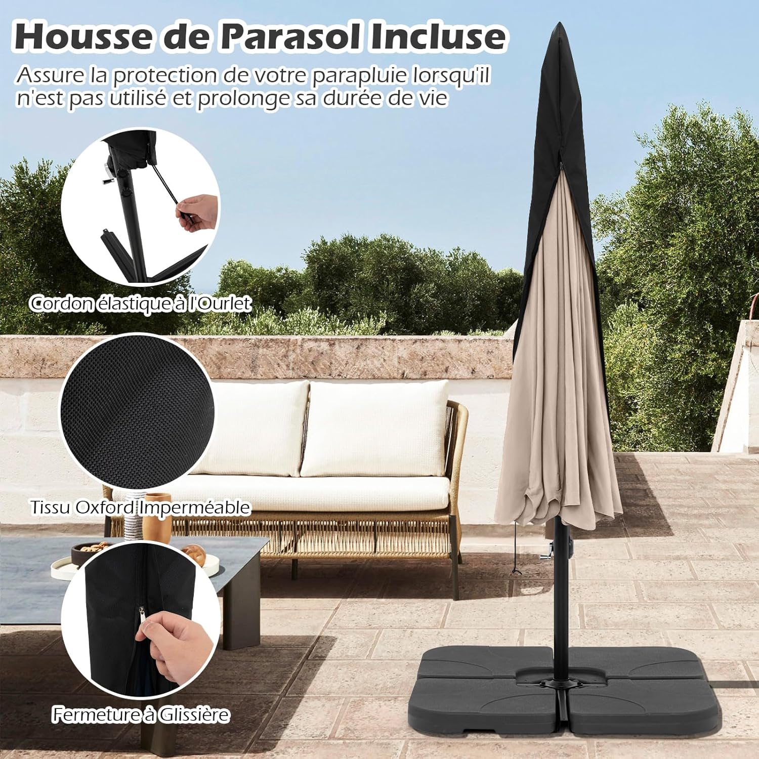 Parasol Déporté 3x3m avec Housse, Grand Parasol de Jardin Exterieur,8 Baleines et Base Croisée, Parasol Inclinable Suspendu avec Manivelle(Beige) - 6