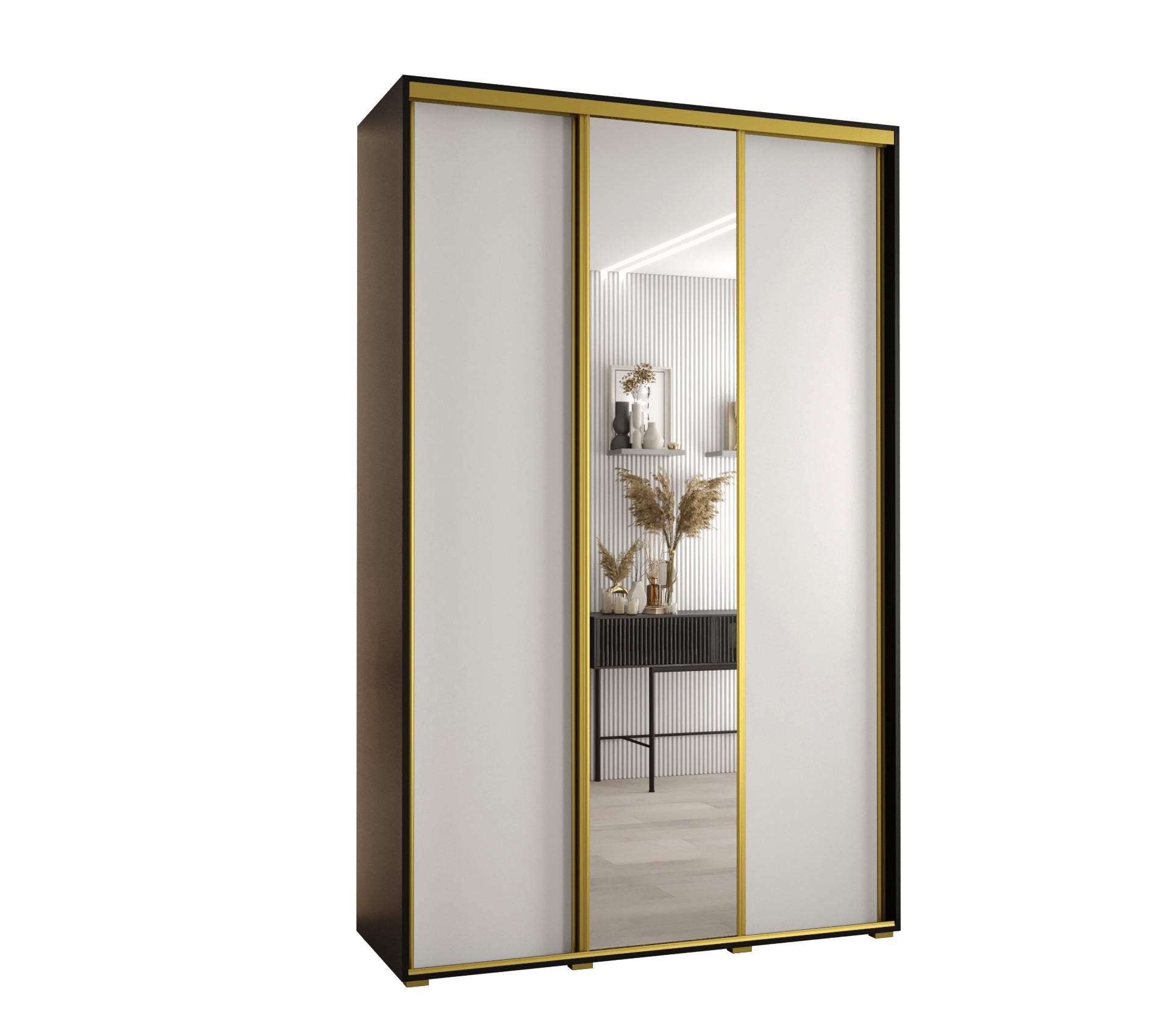 Szafa przesuwna z lustrem wysoka Davos 3 160 x 60 x 235,2 cm czarny + biały + u. złoty - Abiks Meble
