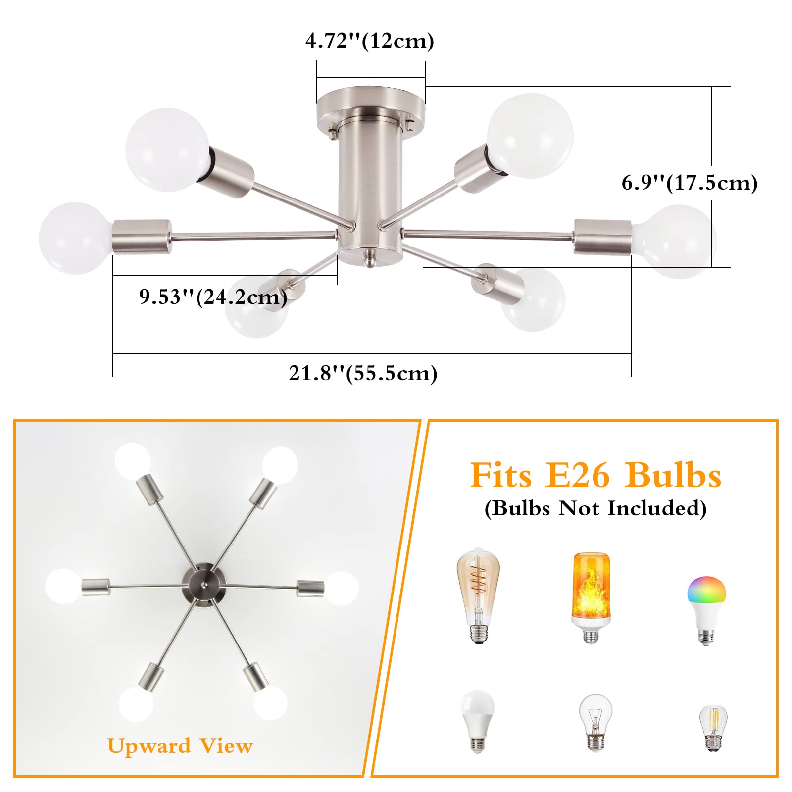 Półwpuszczana lampa sufitowa, sufitowa z 6 punktami świetlnymi, nowoczesny żyrandol satelitarny, z połowy XX wieku, srebrna (żarówki nie są dołączone) - 4