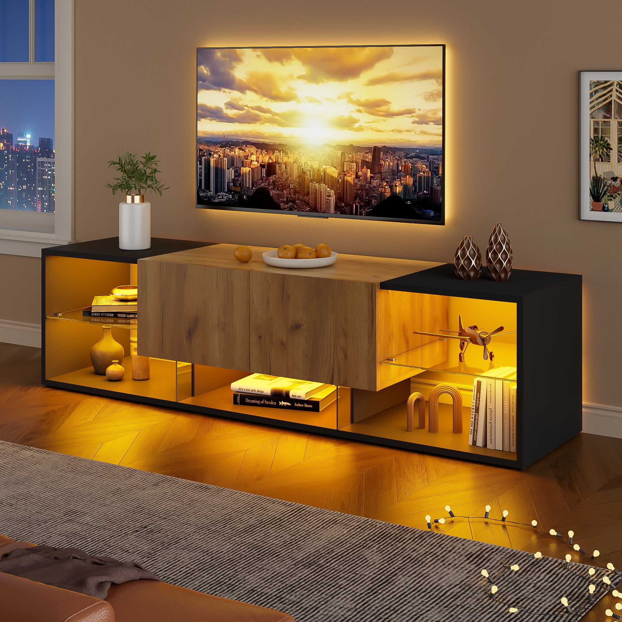 Nowoczesna szafka RTV z 2 szufladami i szklaną półką do telewizora 70 cali - 160 x 40 x 42 cm - Płyta wiórowa - Diody LED - Czarny + naturalny