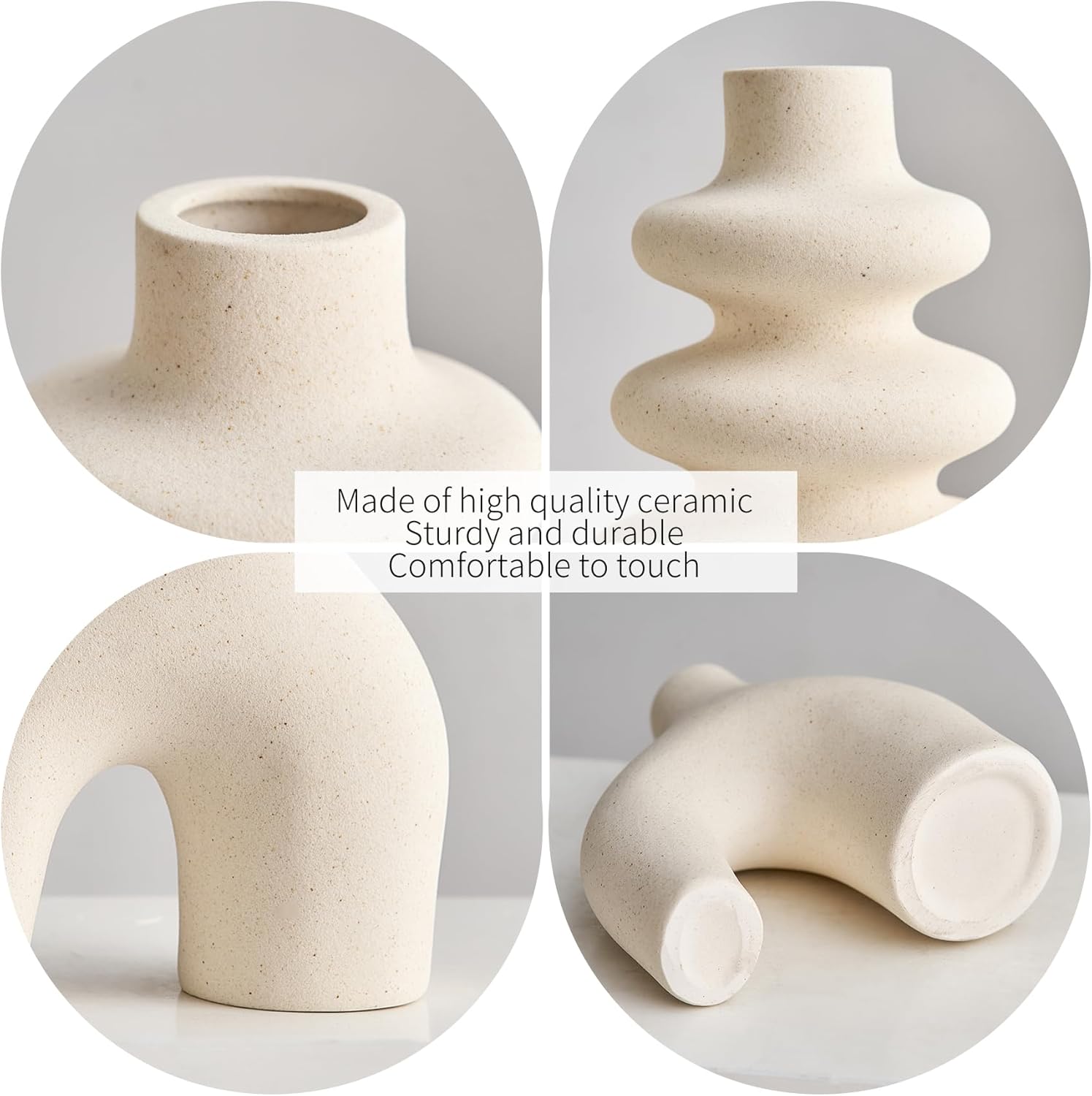 Ensemble de trois vases en céramique beige, style bohème moderne, adapté à la décoration de la maison, adapté à l'herbe de la pampa, forme ronde - 7