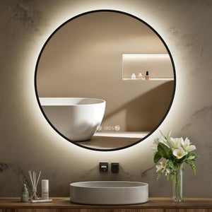 S'AFIELINA Miroir Salle de bain rond 70 cm, Anti-buée Lumière blanche neutre,Horloge numérique Cadre en métal noir