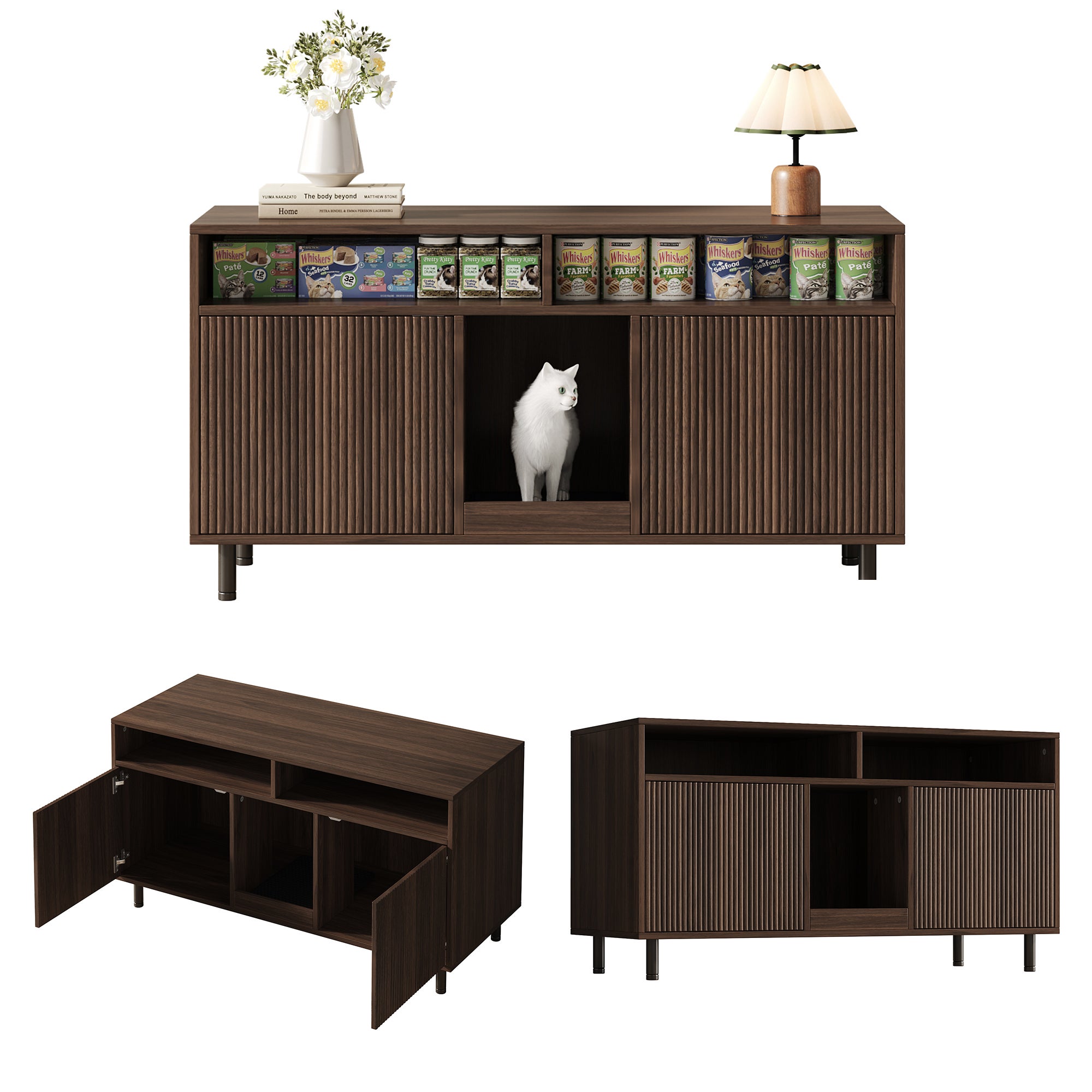 Meuble Litiere Chat avec 2 portes et 2 tiroirs, buffet - 120 x 50 x 66 cm - MDF - Noyer - 5