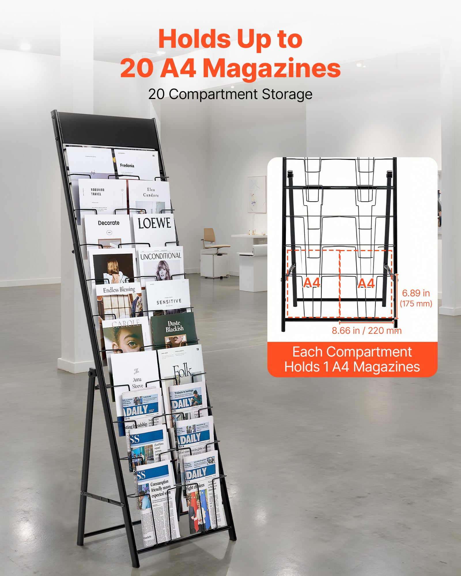 Présentoir à Brochures VEVOR 10 Niveaux, Porte-Brochures sur Pied en Métal avec 20 Pochettes, pour Magazines, Journaux, Bureau & Exposition, Noir - 2