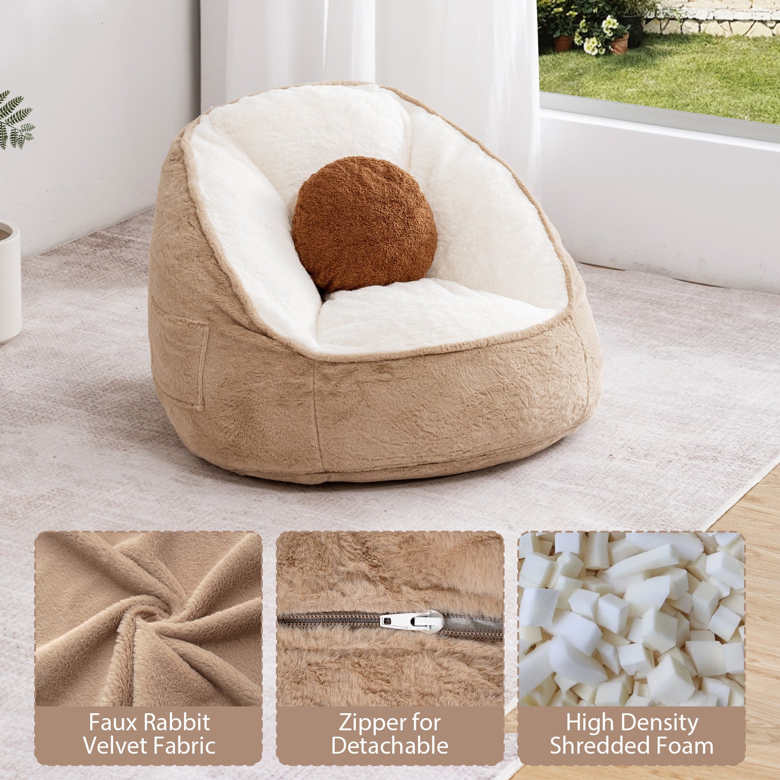 1x pouf bean bag fauteuil poire coussin 50x70cm confortable durable lavable léger salon intérieur extérieur - couleur coco - 6
