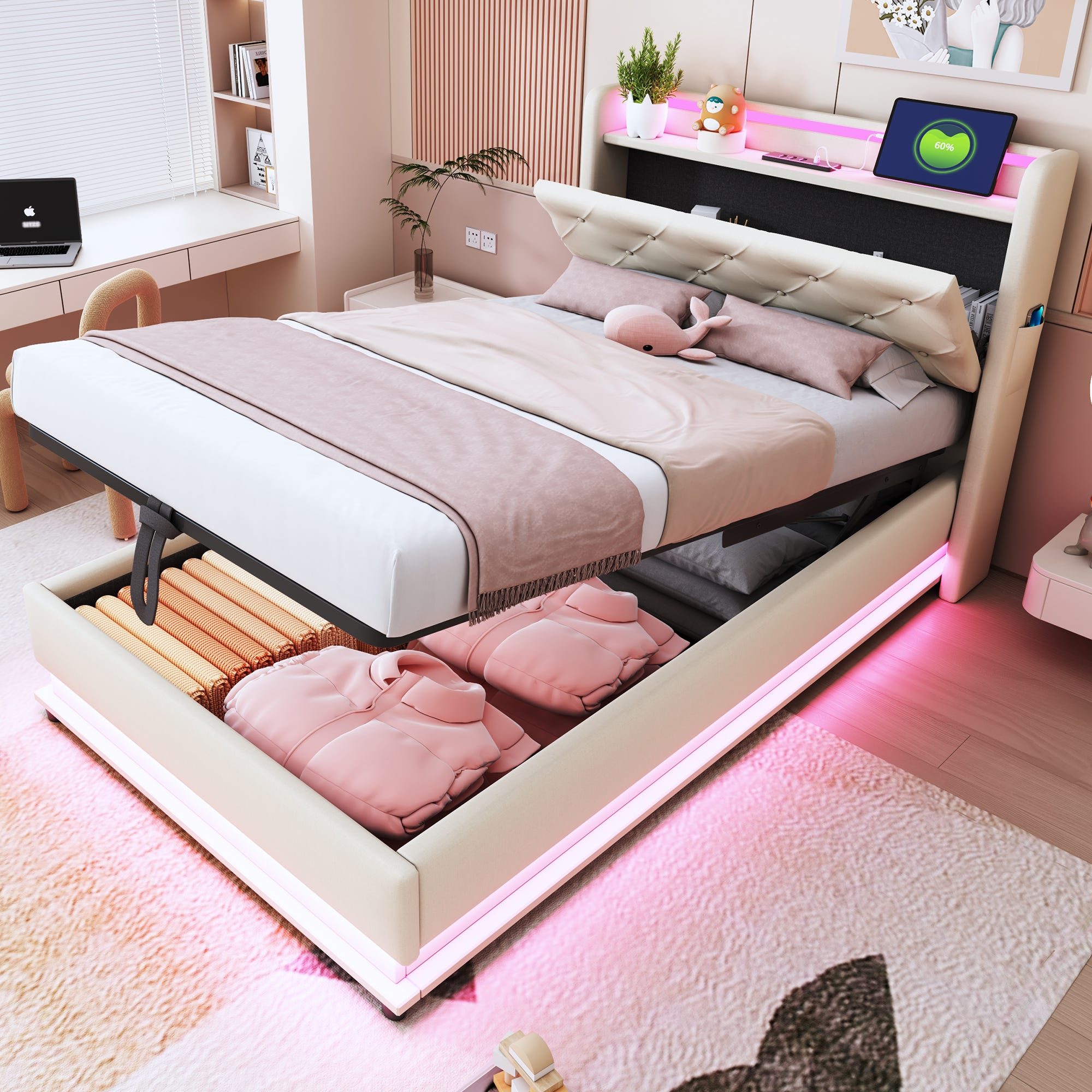 Letto contenitore imbottito - 90 x 200 cm - con testiera + USB + LED - contenitore idraulico - lino Letto contenitore imbottito - 90 x 200 cm - con testiera + USB + LED - contenitore idraulico - lino