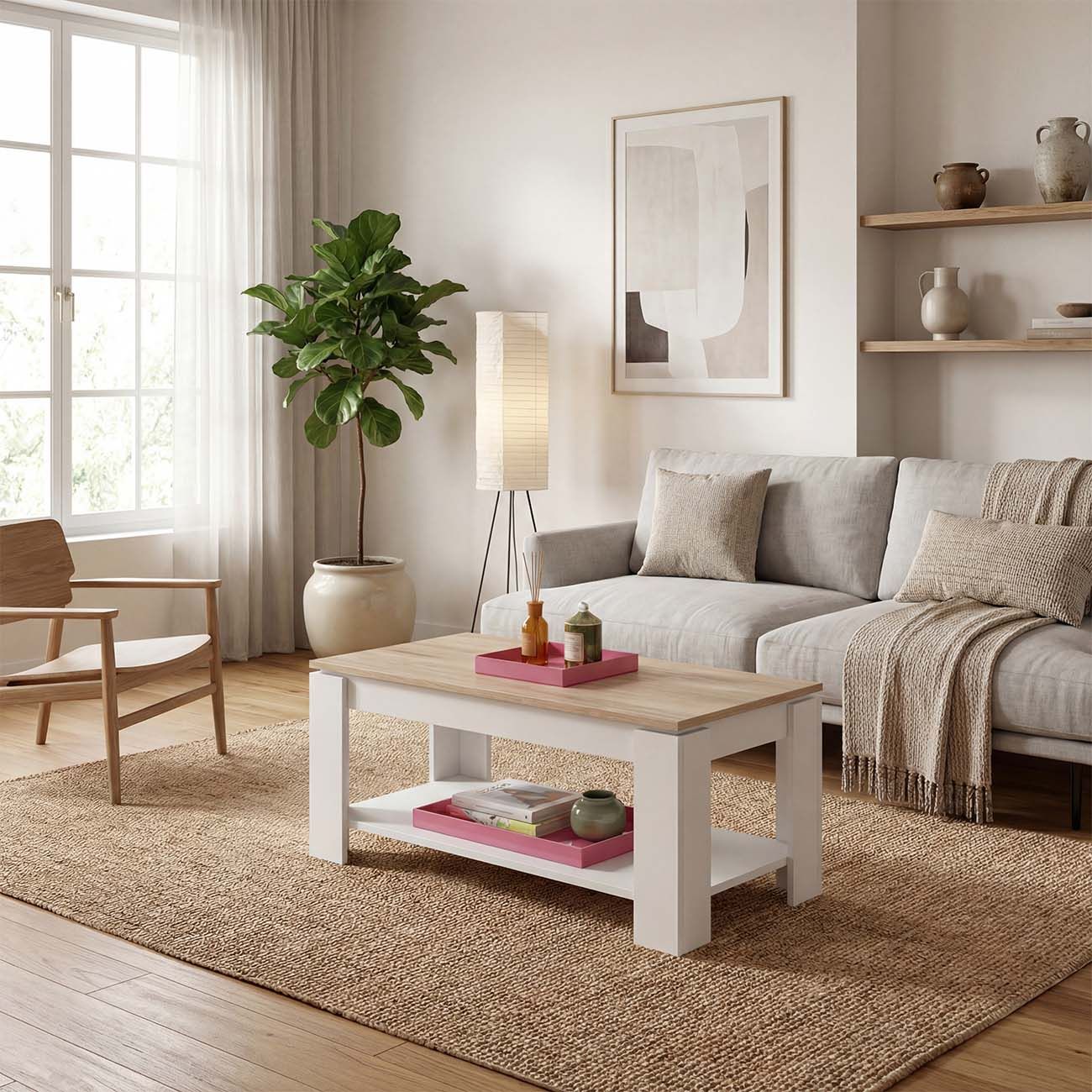 Mesa de centro com arrumação 102x43-54 cm Lya Blanco Artik (Blanco Mate) - Roble Canadian 50 x 54 x cm - 4