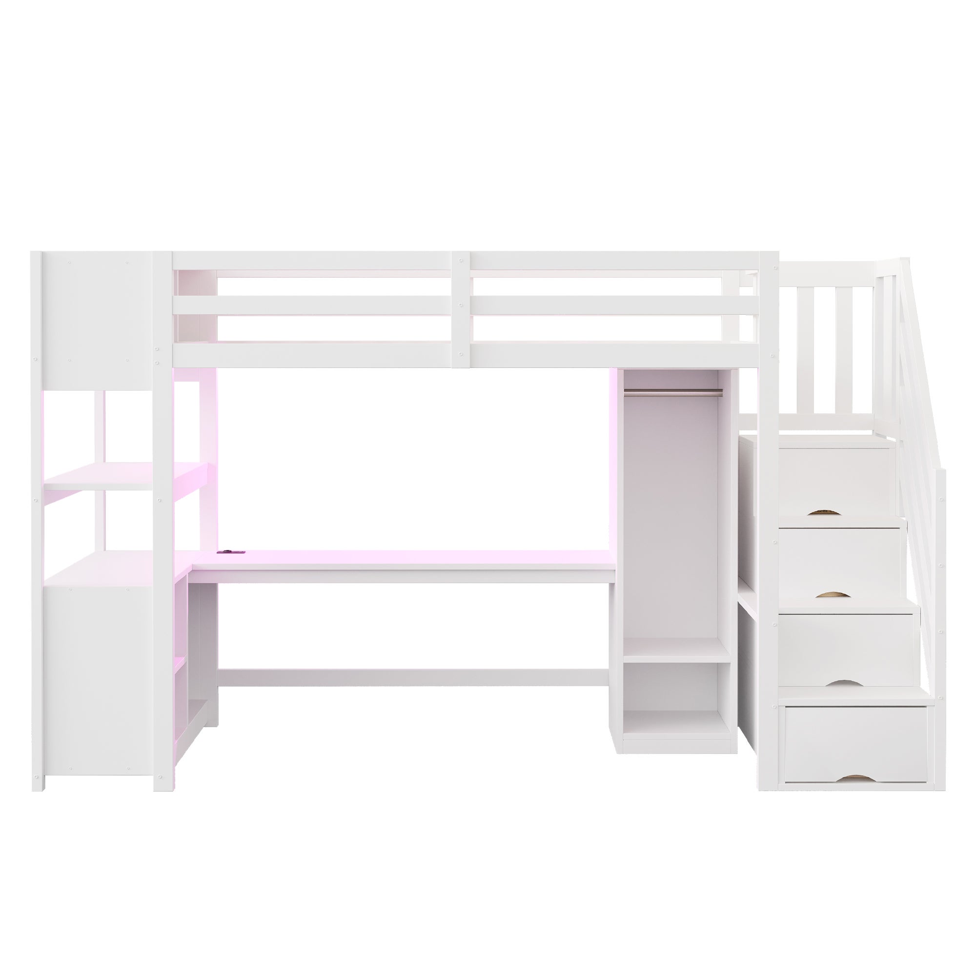 Lit mezzanine en bois 90x200cm avec bureau et éclairage LED, lit superposé enfant avec penderie, escalier rangement, Prises EU, naturel (sans matelas) - 6