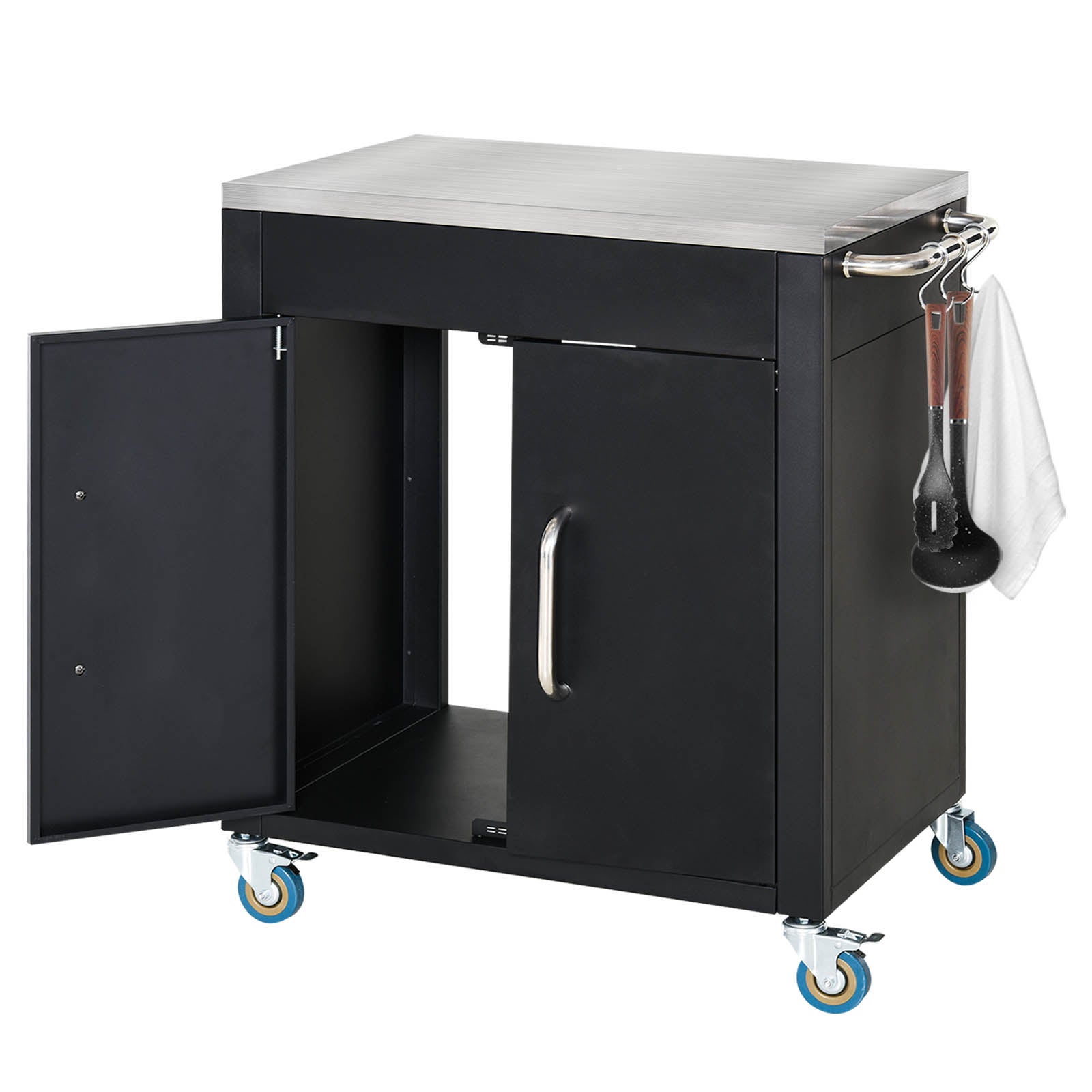 Chariot de cuisine à roulettes,desserte,chariot roulant avec placard,crochets et poignées en acier inoxydable,table de barbecue en ,86x50x86,5cm,noir - 2