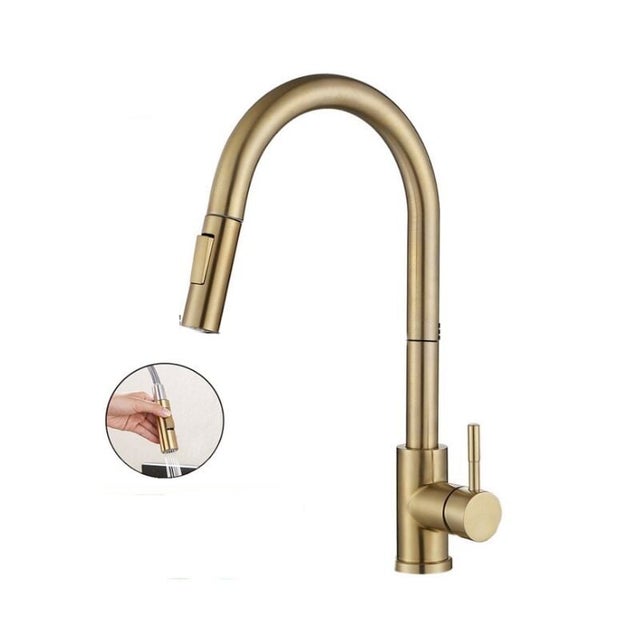 Torneira de cozinha com pulverizador removível, torneira de barra de aço inoxidável com furo único, alça única, ouro escovado